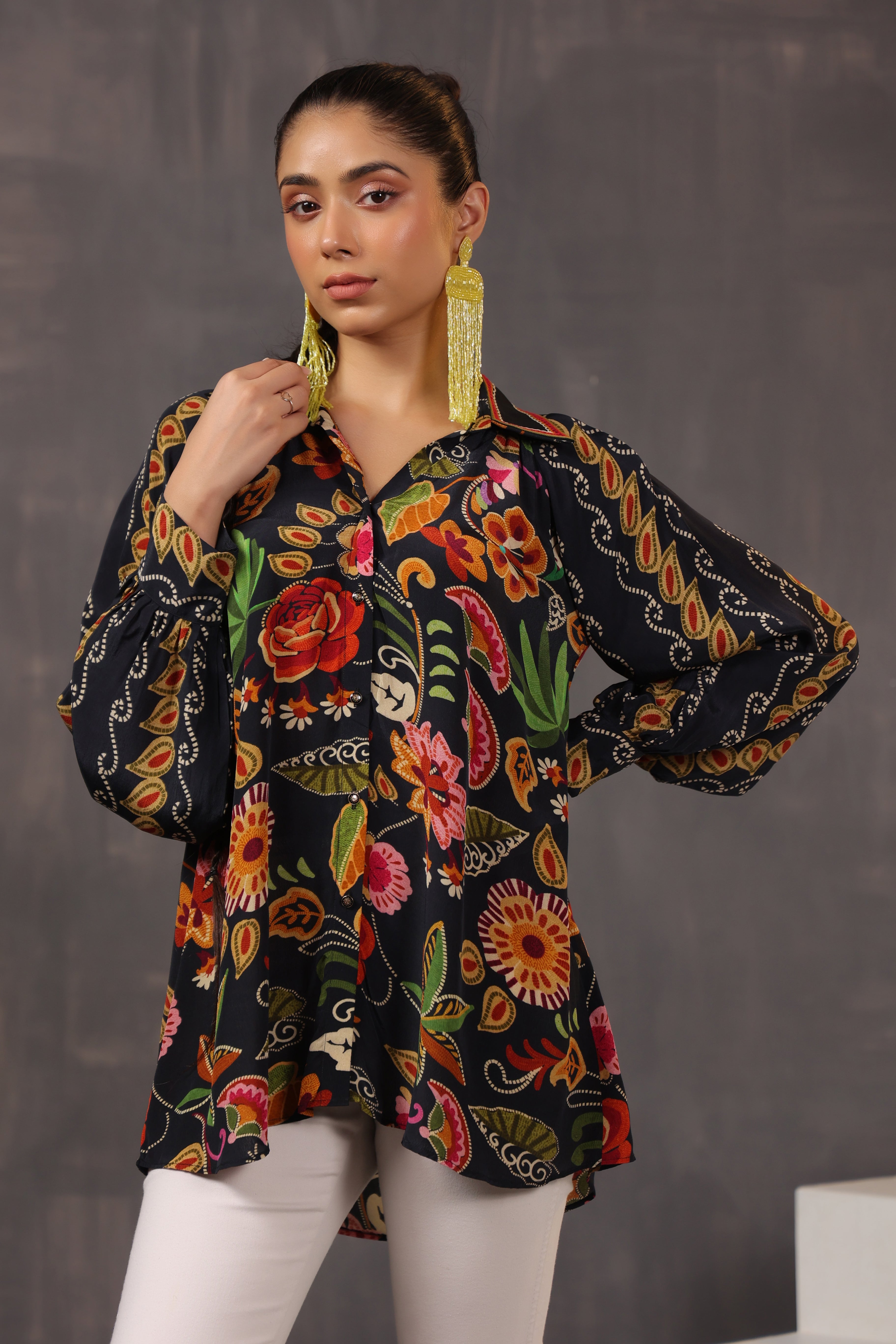 Classic Black Floral Printed Crepe Silk Top