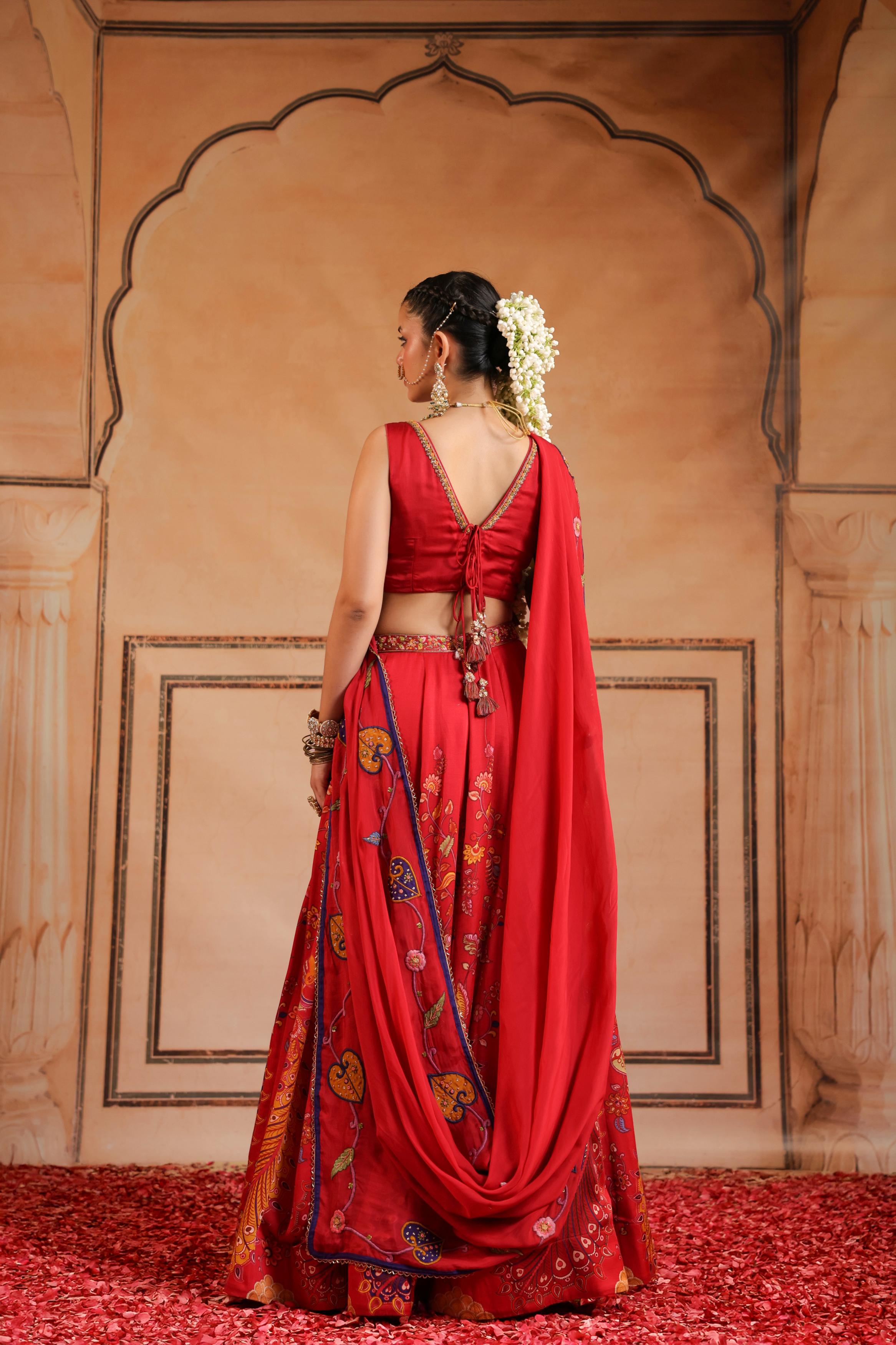 Bright Red Embellished Satin Silk Lehenga Set