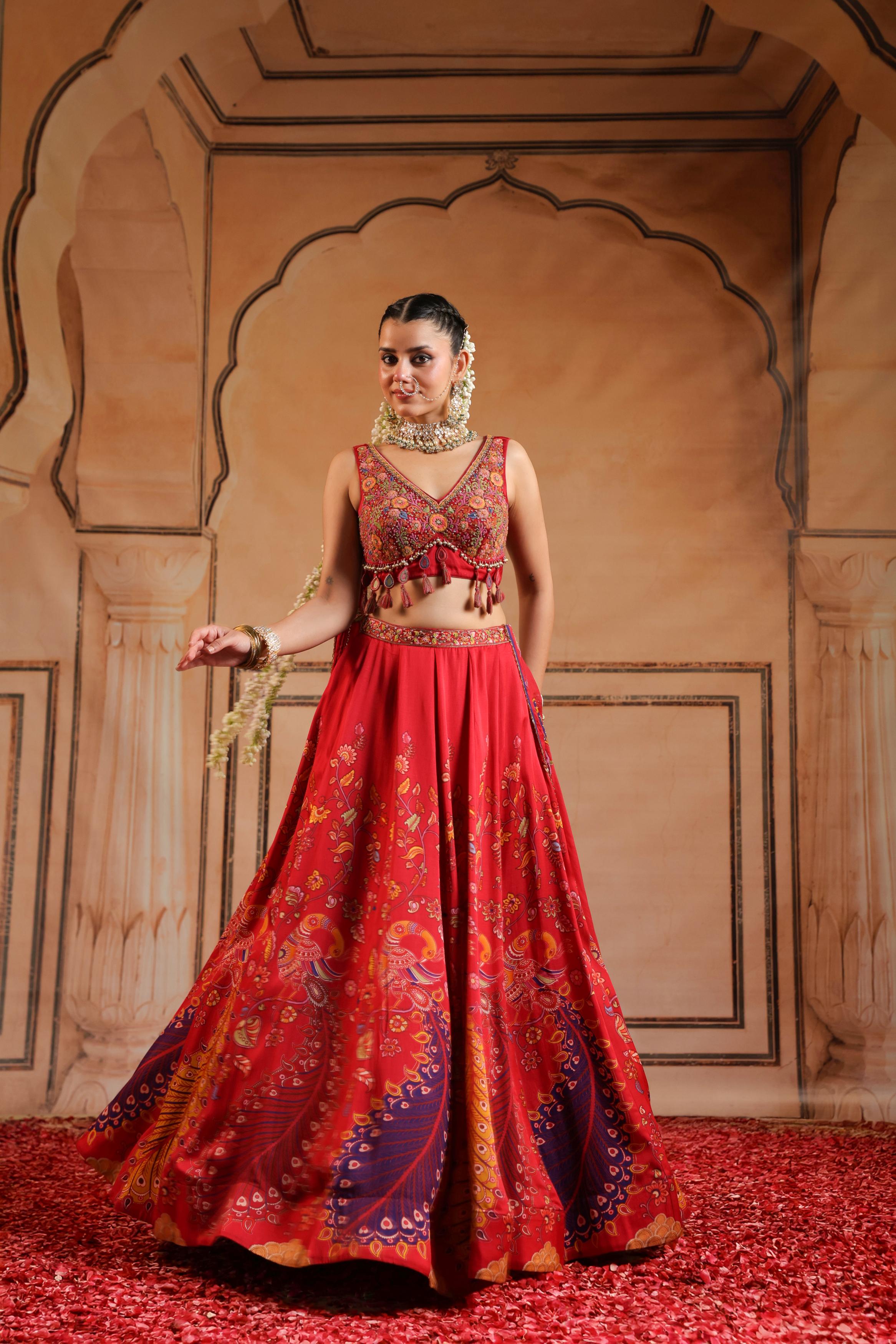Bright Red Embellished Satin Silk Lehenga Set