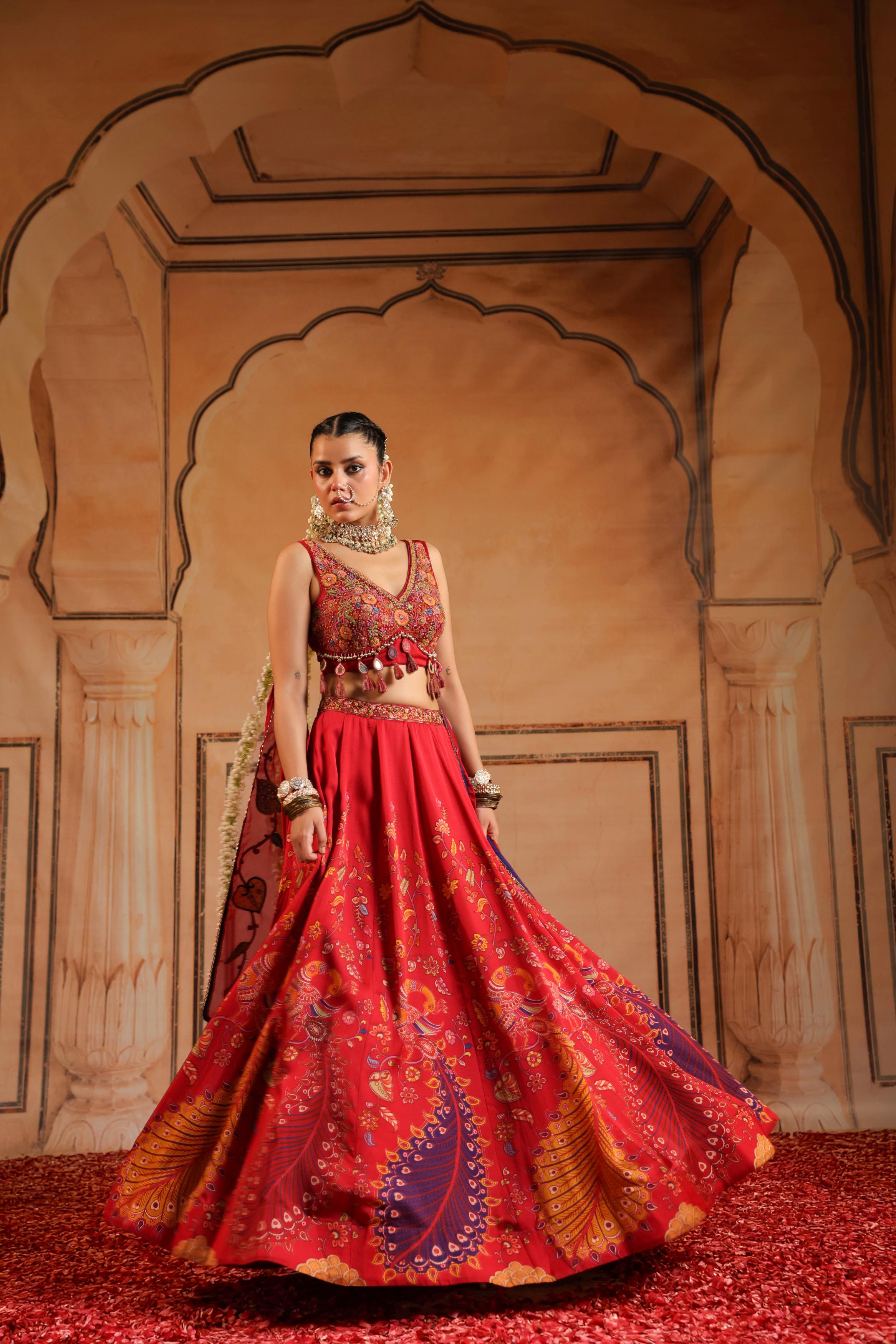Bright Red Embellished Satin Silk Lehenga Set