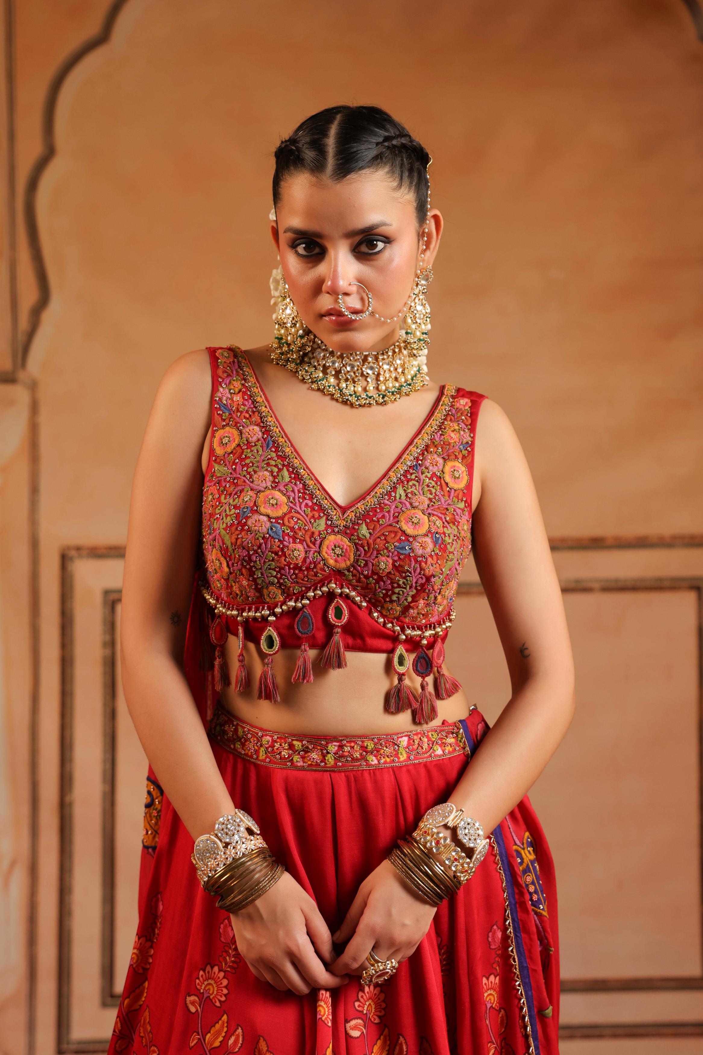 Bright Red Embellished Satin Silk Lehenga Set