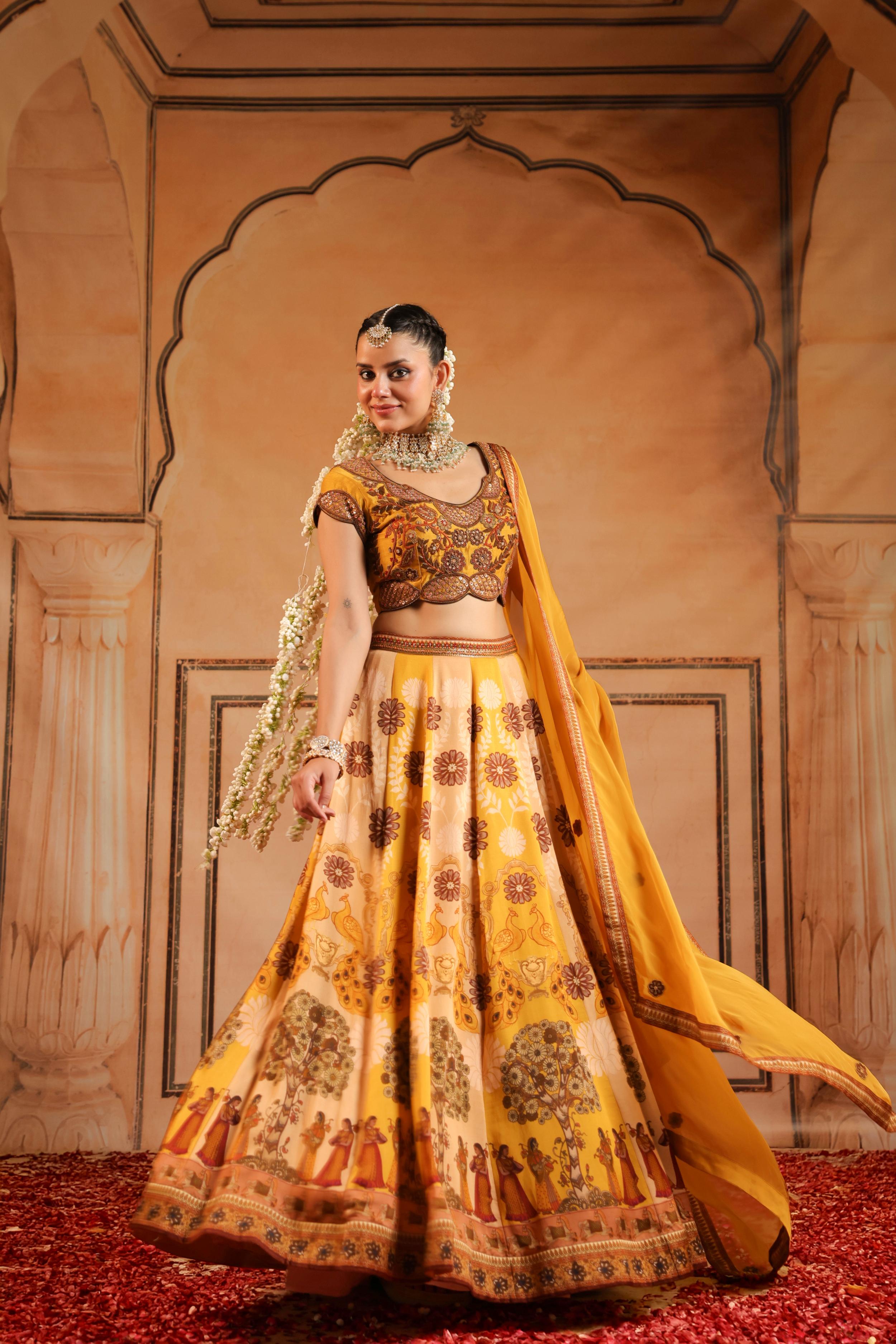 Mustard Yellow Embellished Raw Silk Lehenga Set