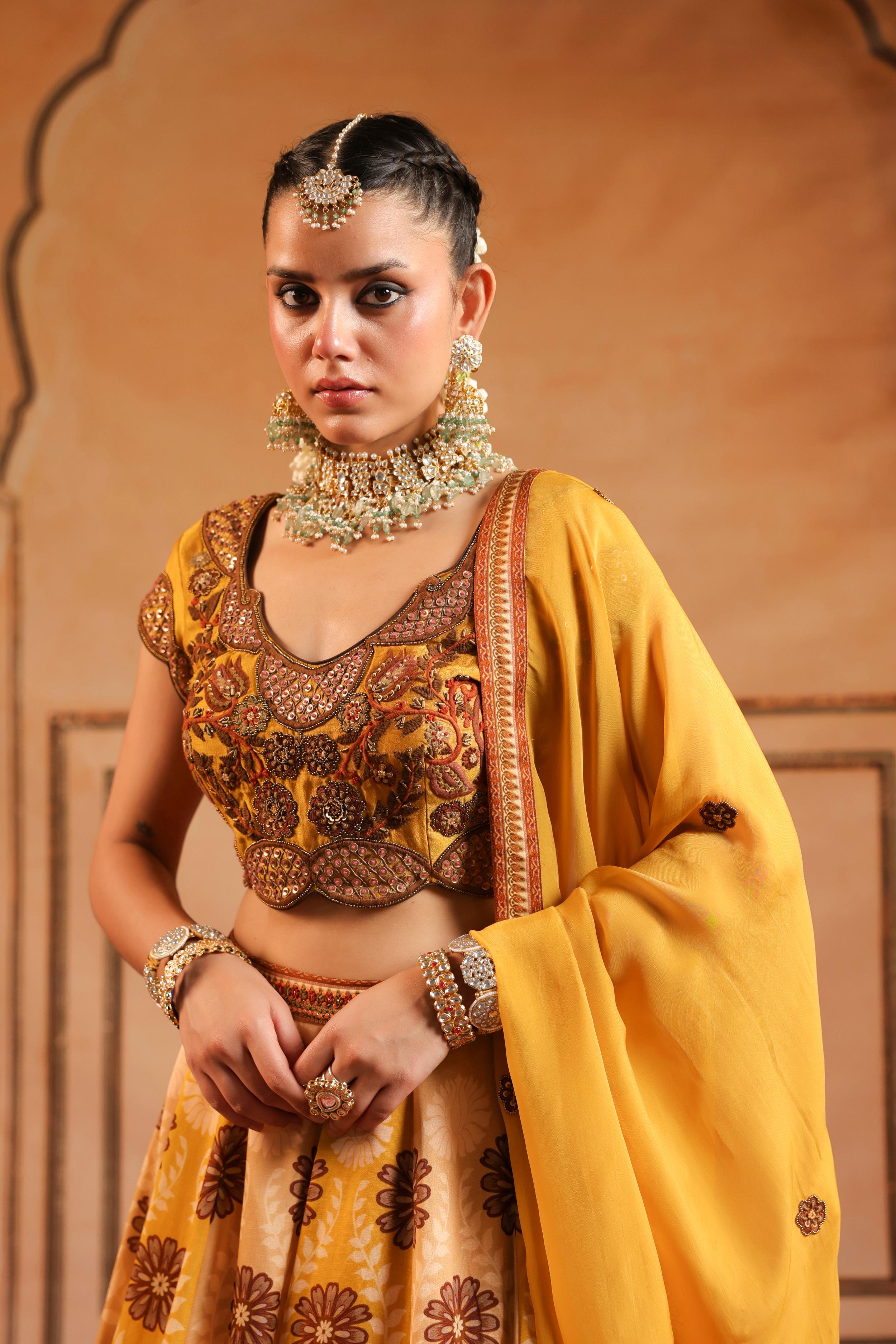 Mustard Yellow Embellished Raw Silk Lehenga Set