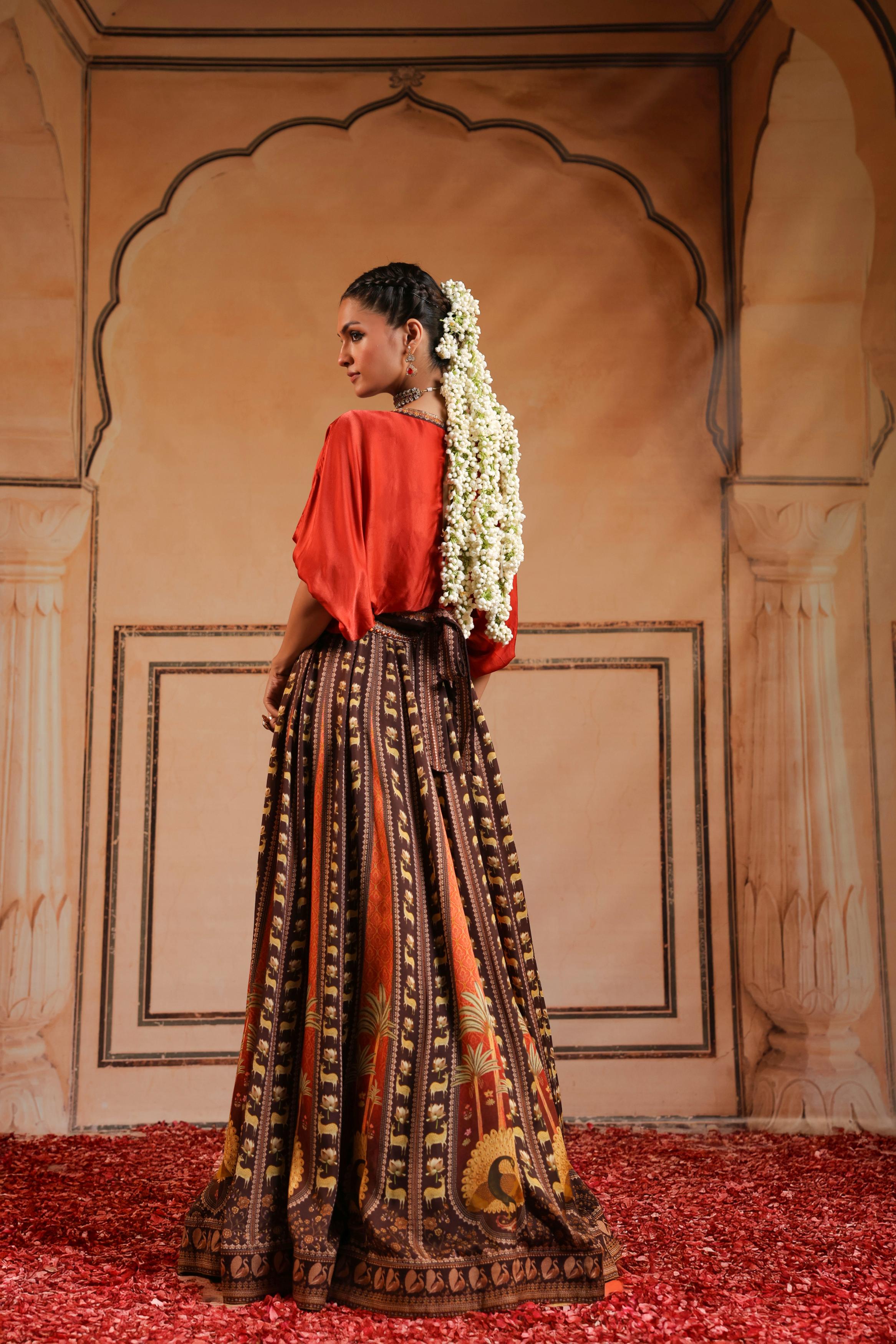 Multicolor Printed Satin Silk Skirt Set