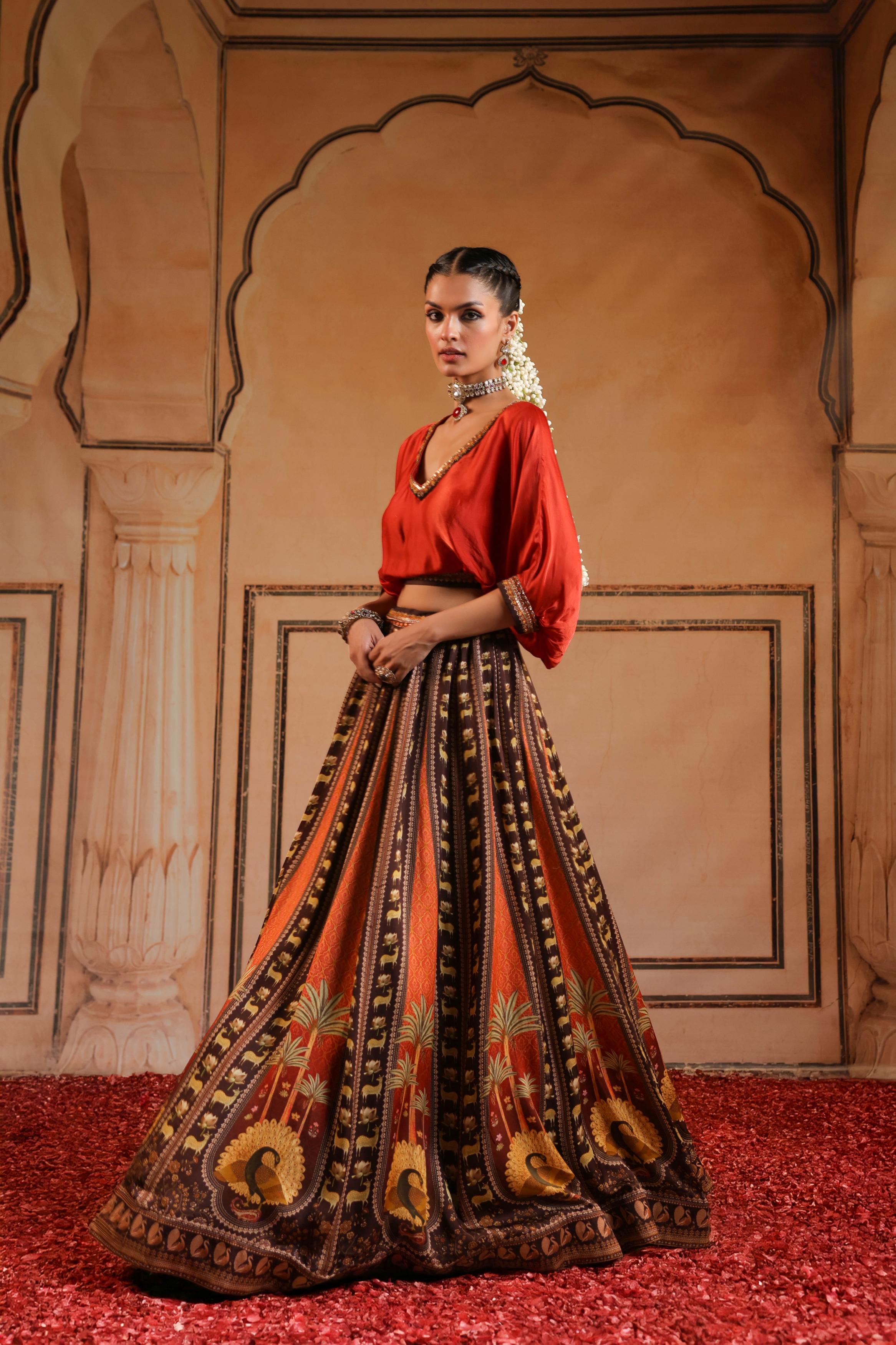Multicolor Printed Satin Silk Skirt Set