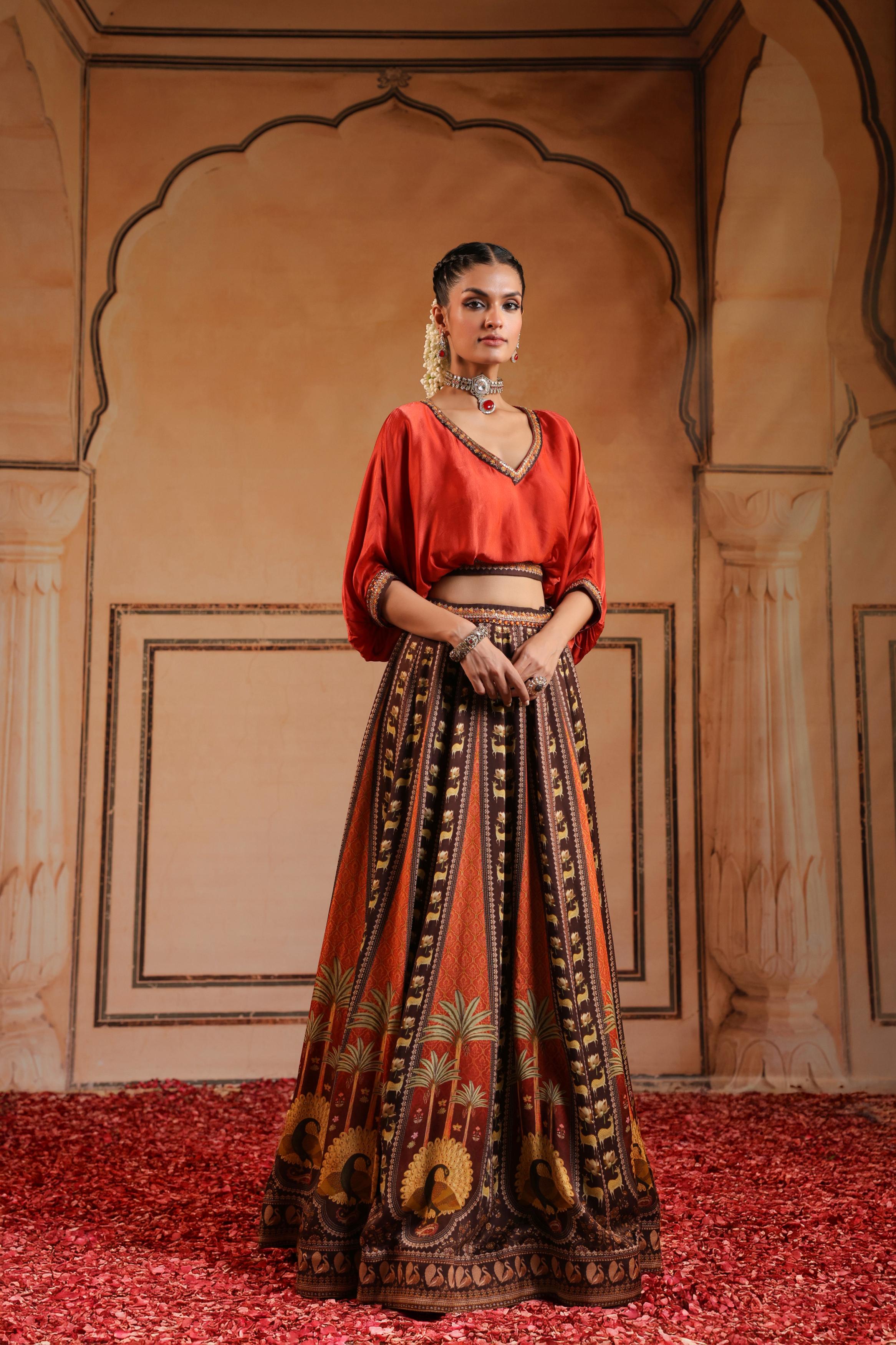 Multicolor Printed Satin Silk Skirt Set