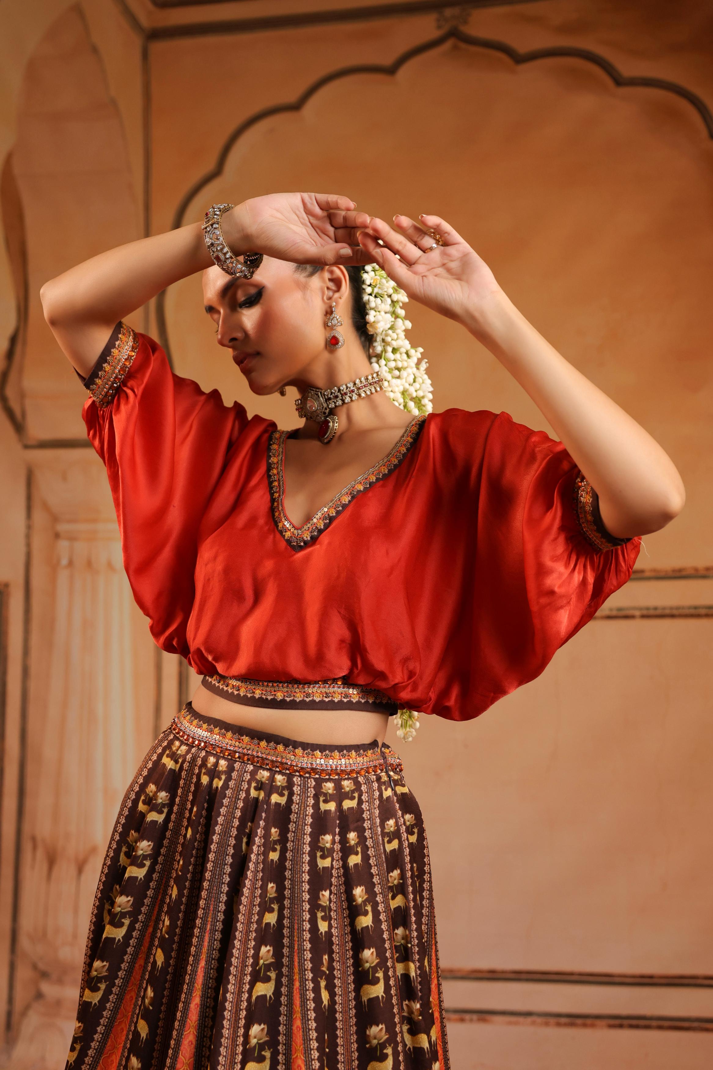 Multicolor Printed Satin Silk Skirt Set