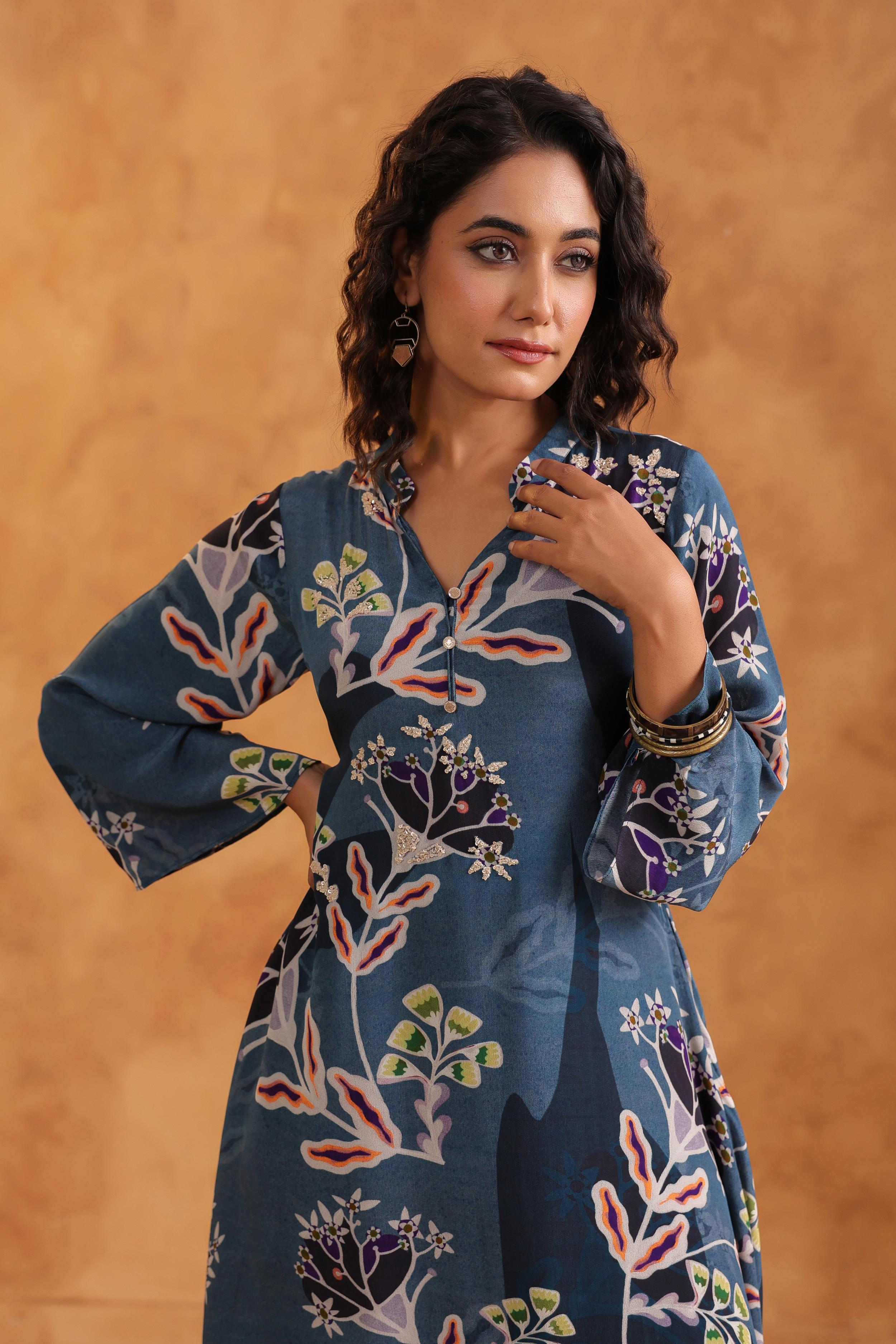 Indigo Printed Viscose Crepe Kurta Set