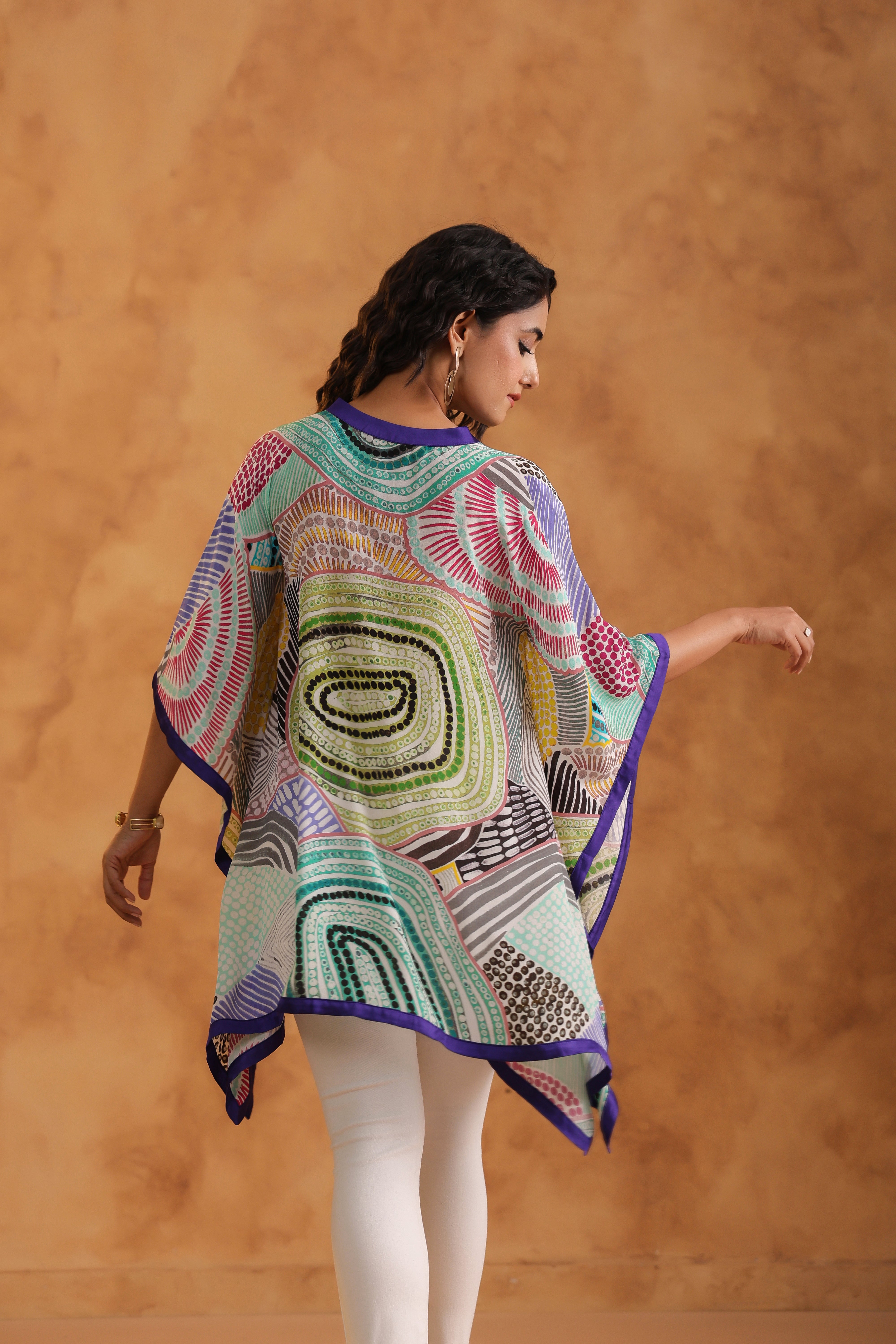 Multi-Color Printed Viscose Crepe Poncho Top
