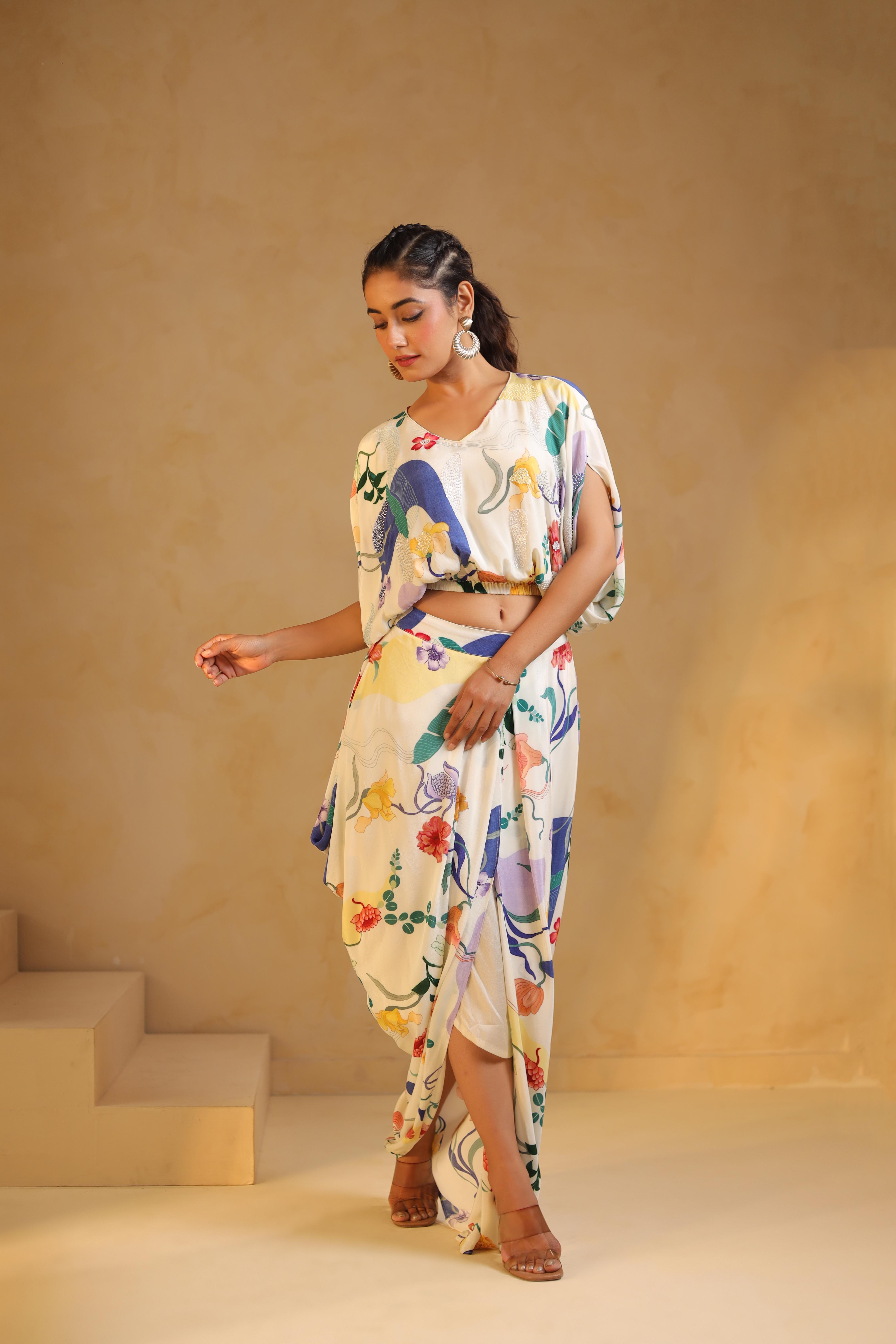 Off-White Abstract Print Viscose Crepe Co-Ord Set