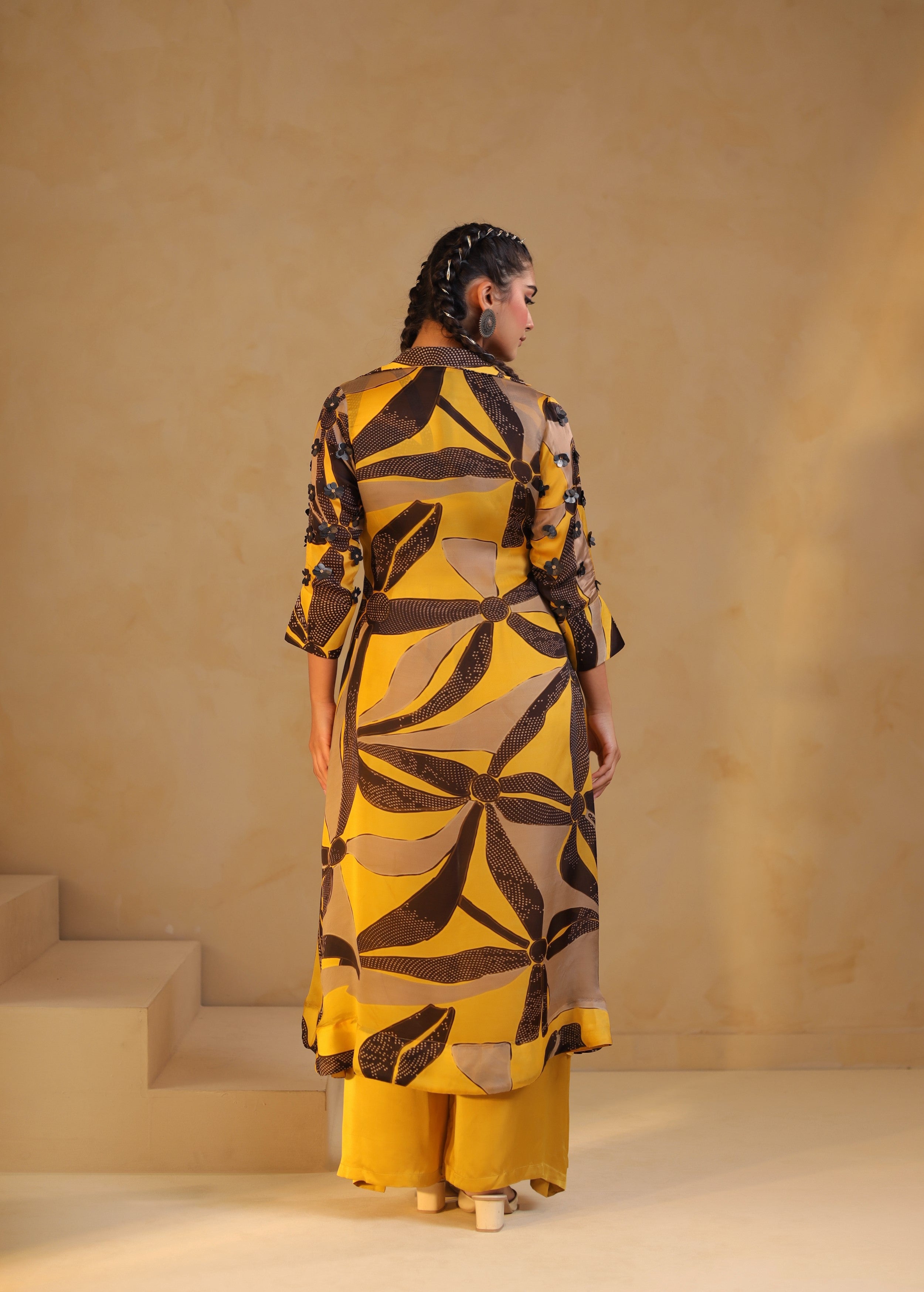 Sunshine Yellow Printed Satin Silk Jacket Palazzo Set