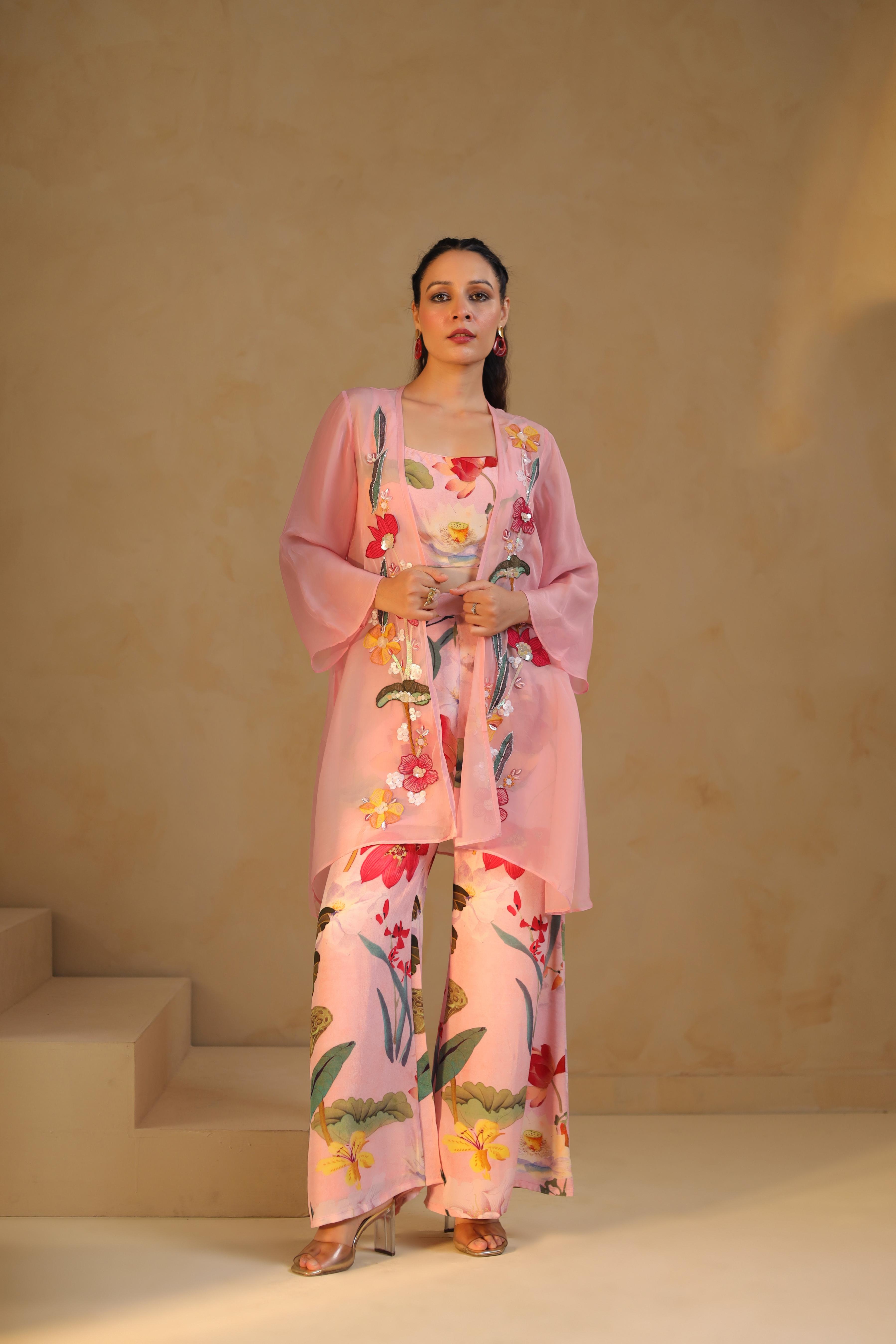 Soft Pink Printed Viscose Crepe Cape Set