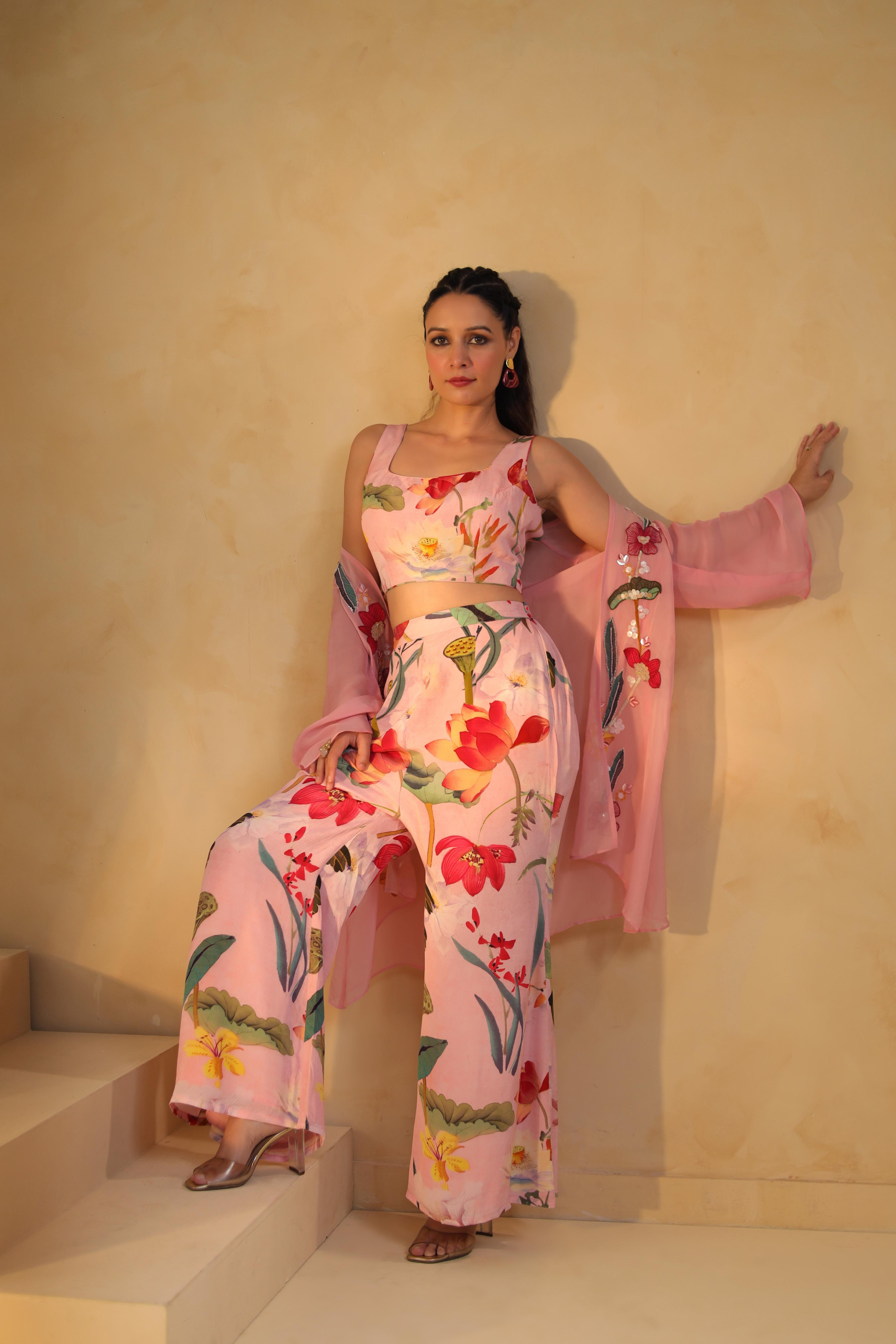 Soft Pink Printed Viscose Crepe Cape Set