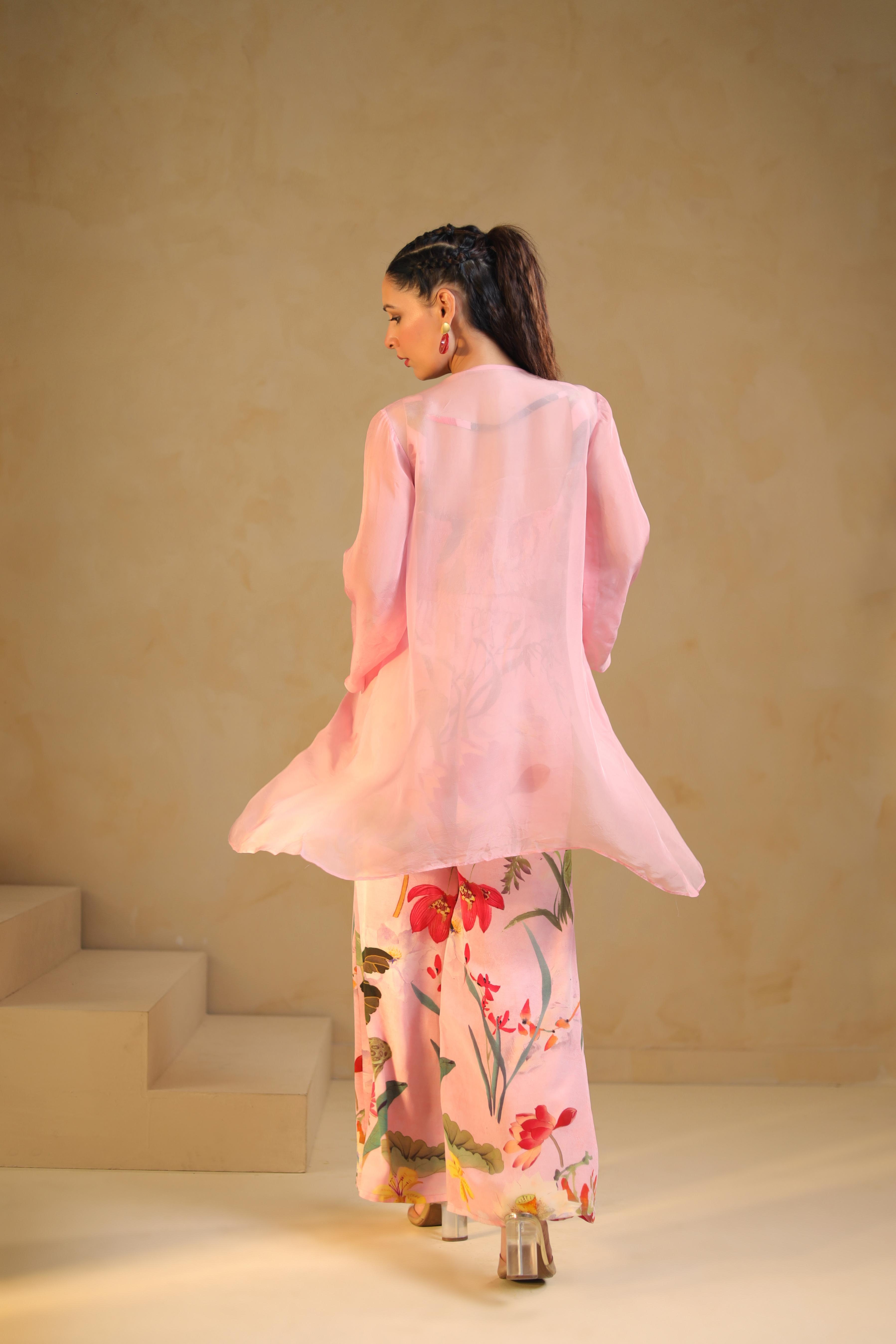 Soft Pink Printed Viscose Crepe Cape Set