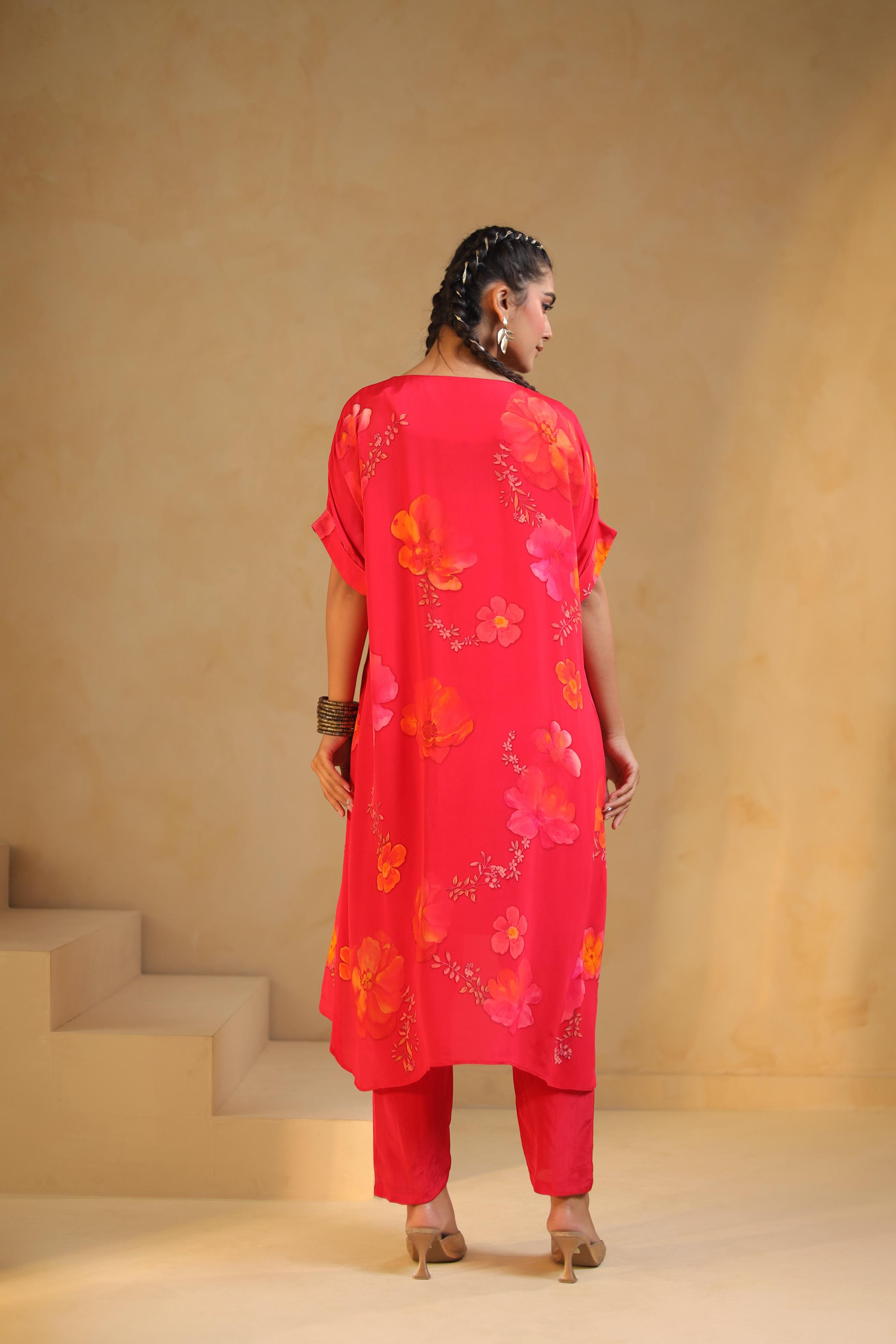 Coral Pink Printed Viscose Crepe Kurta Set