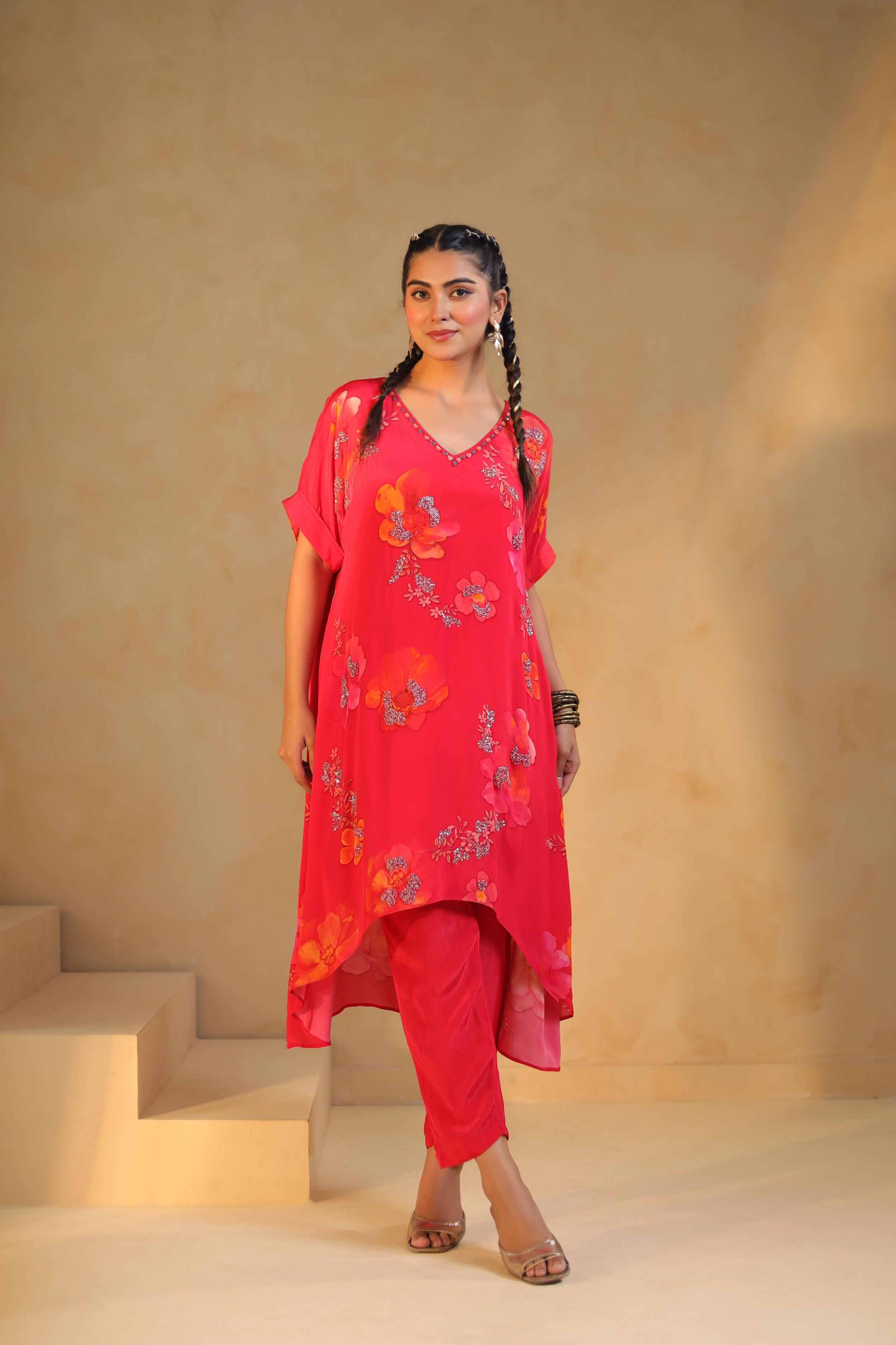 Coral Pink Printed Viscose Crepe Kurta Set
