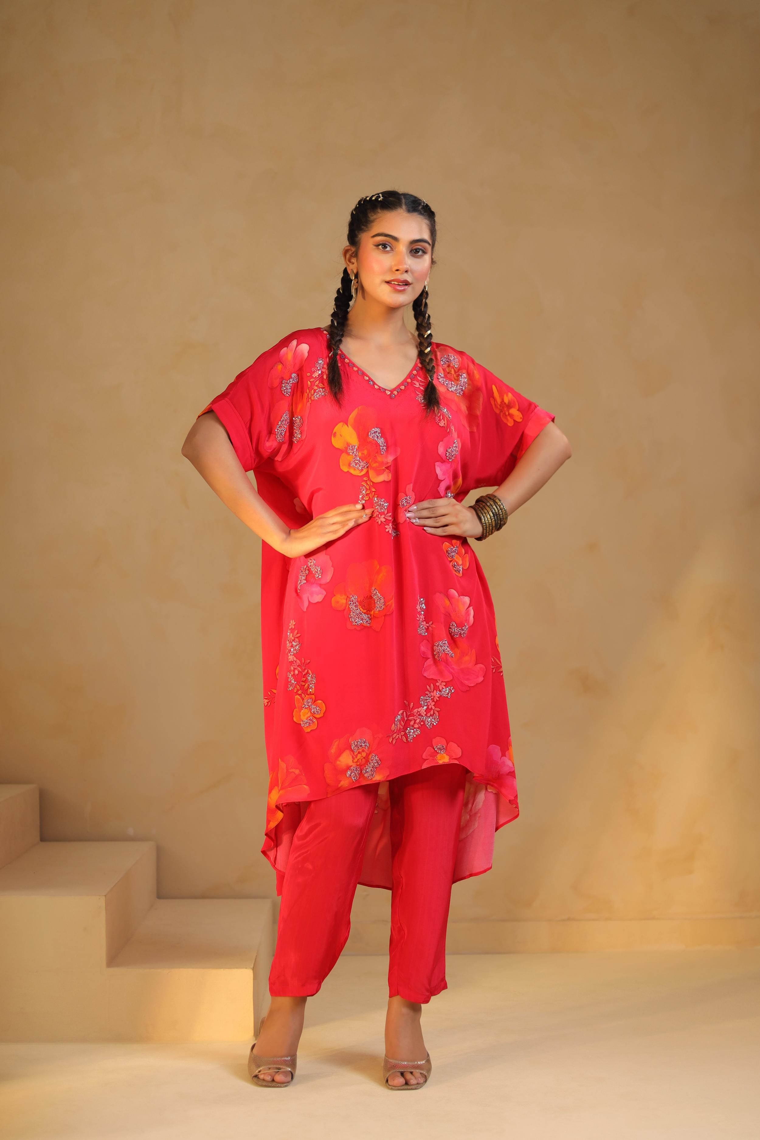 Coral Pink Printed Viscose Crepe Kurta Set