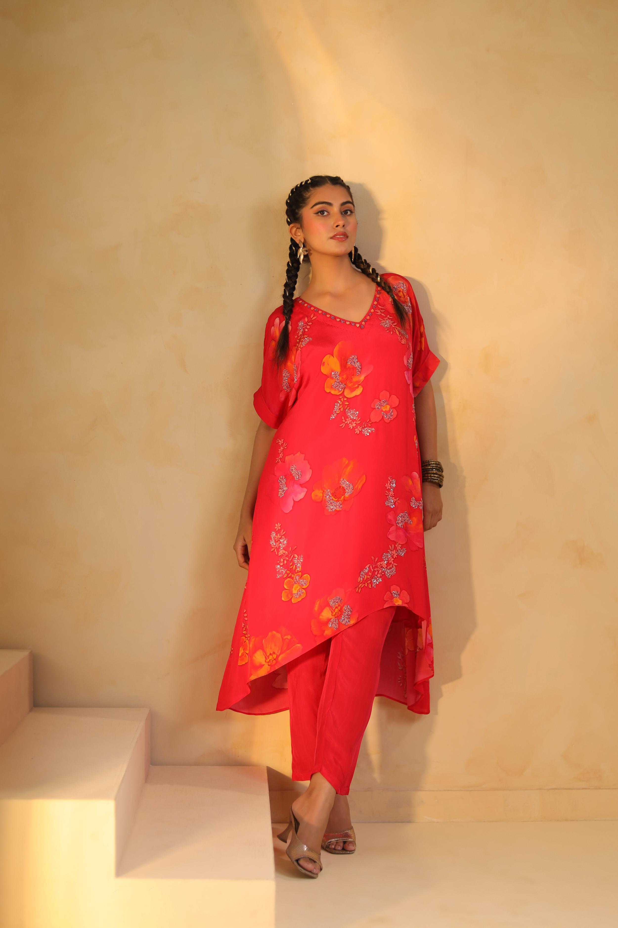 Coral Pink Printed Viscose Crepe Kurta Set