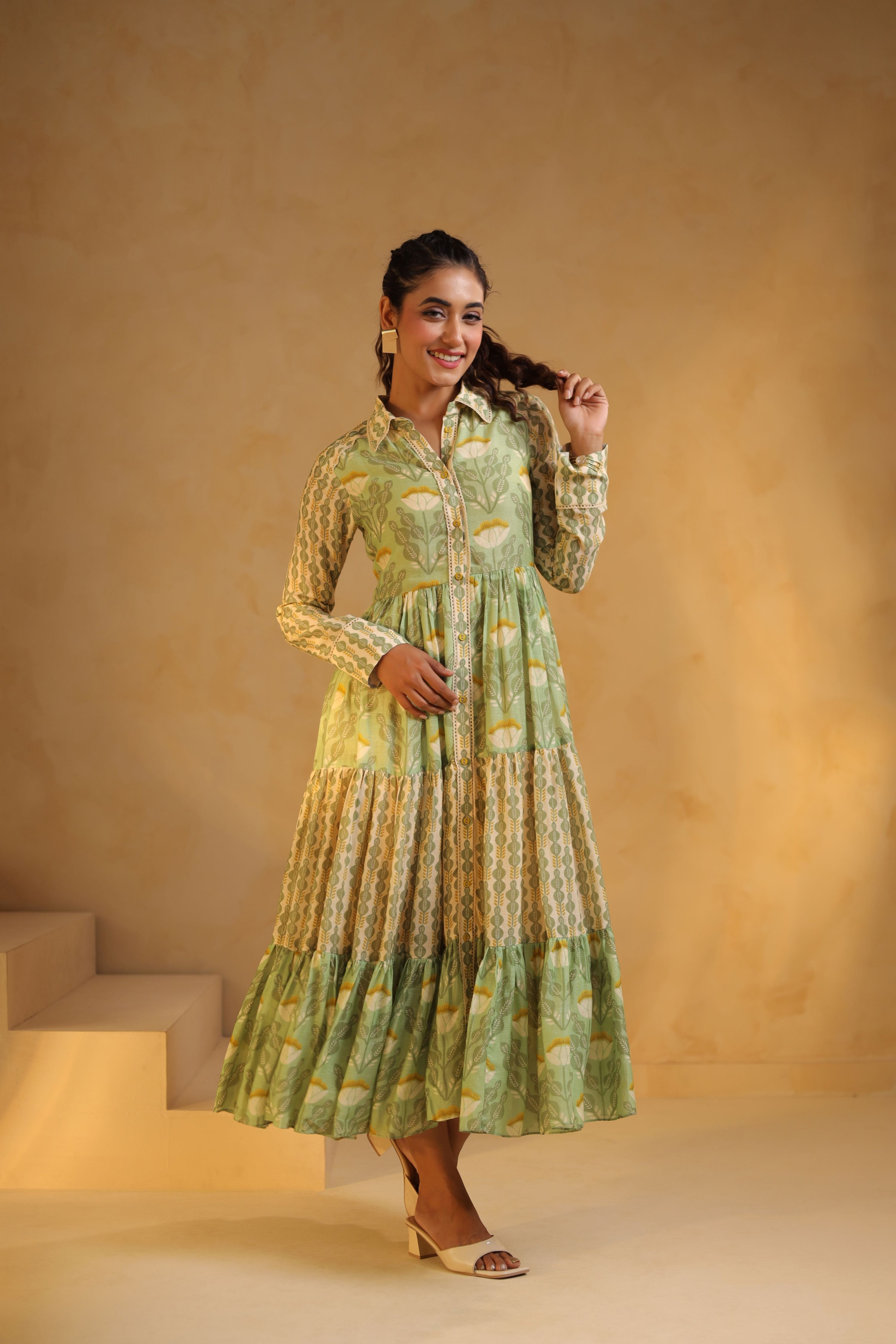 Mint Green Linen Printed Flayered Dress