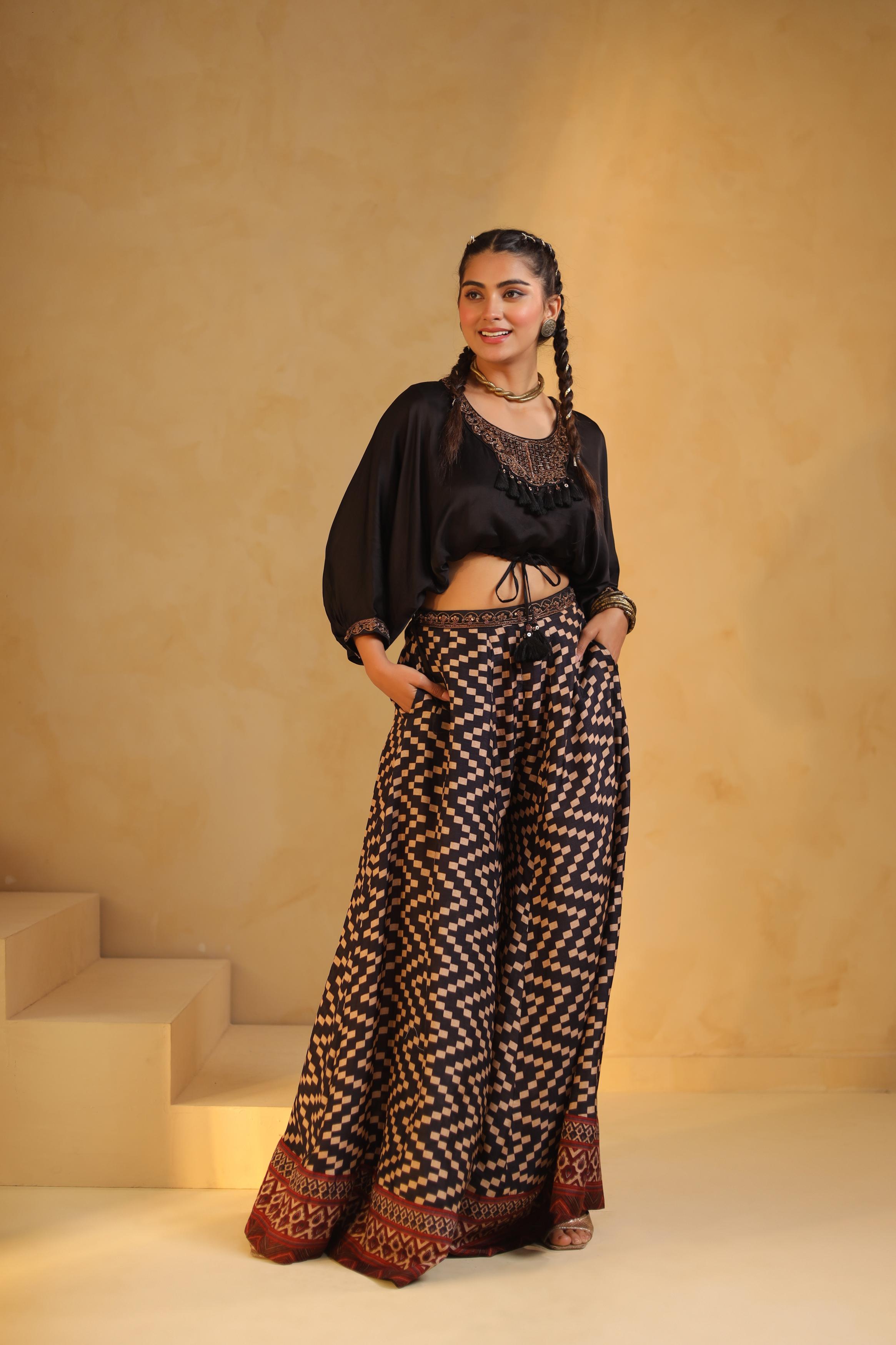 Black Embellished Modal Satin Co-Ord Set