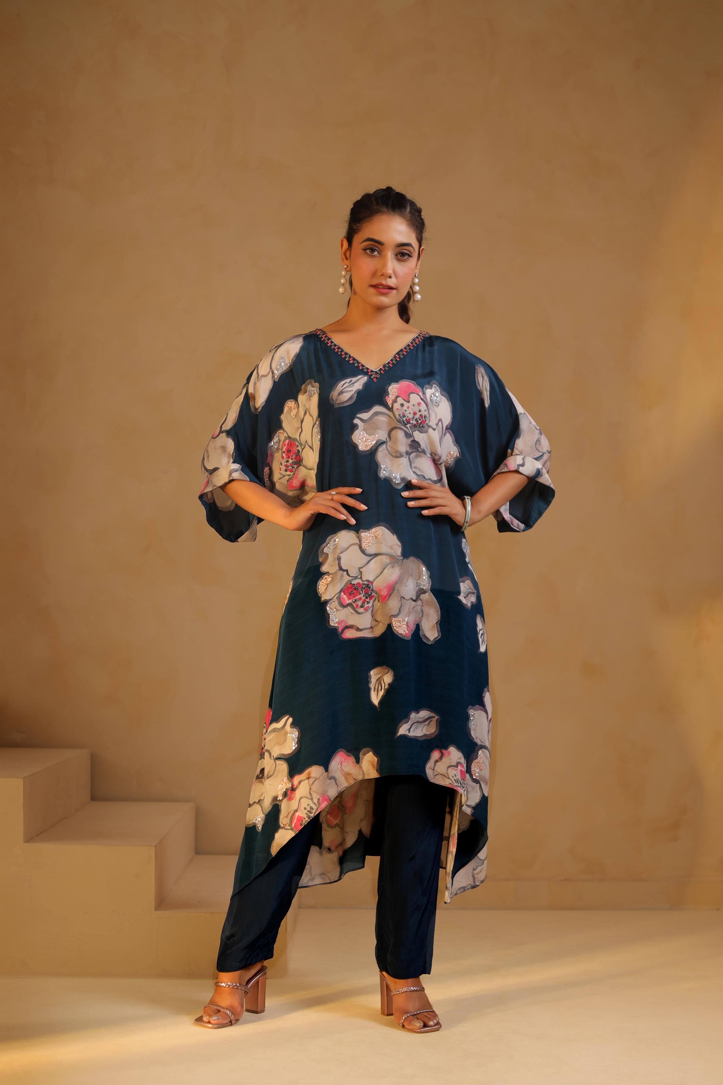 Deep Teal Printed Viscose Crepe Kurta Set