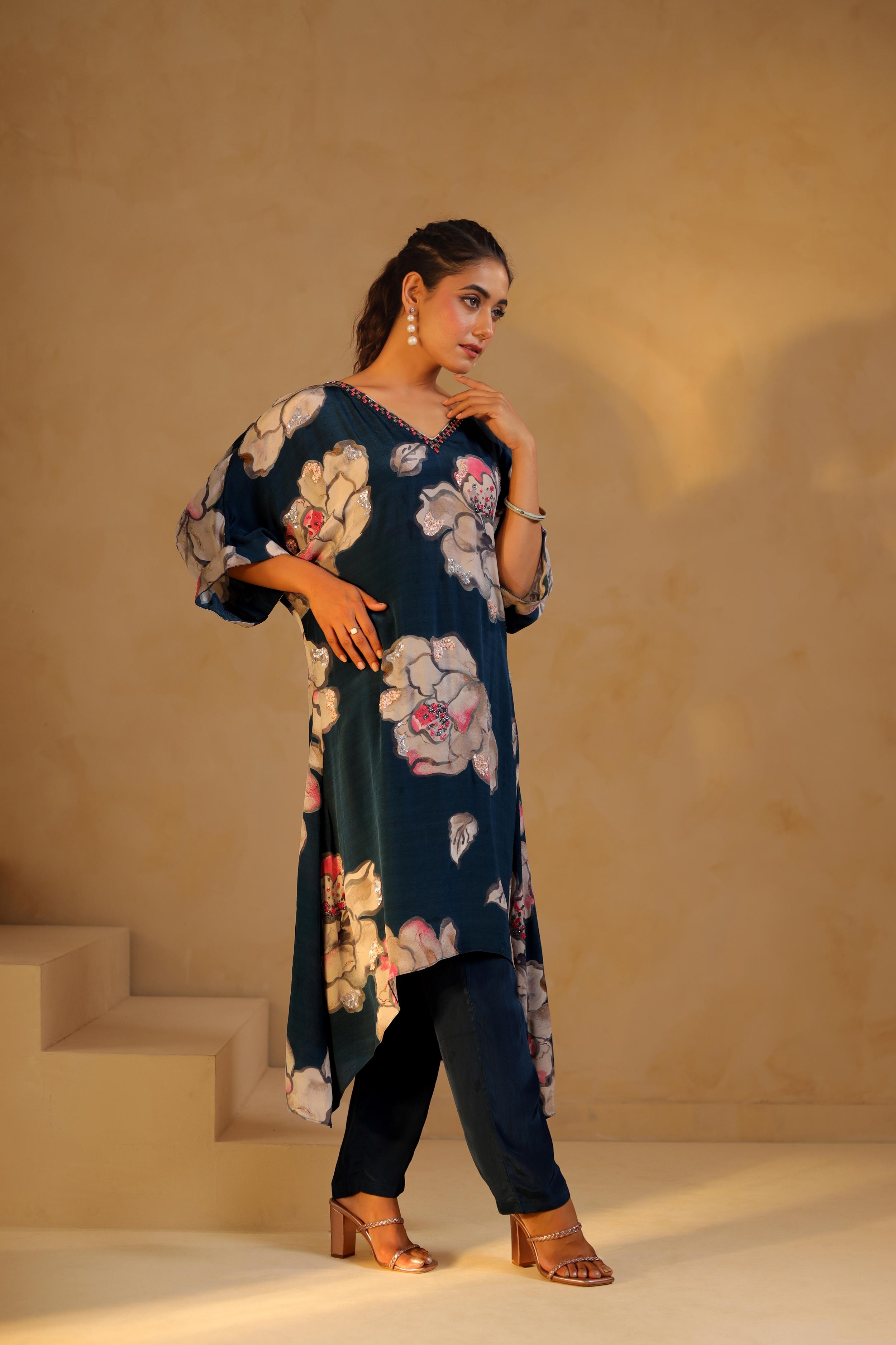 Deep Teal Printed Viscose Crepe Kurta Set