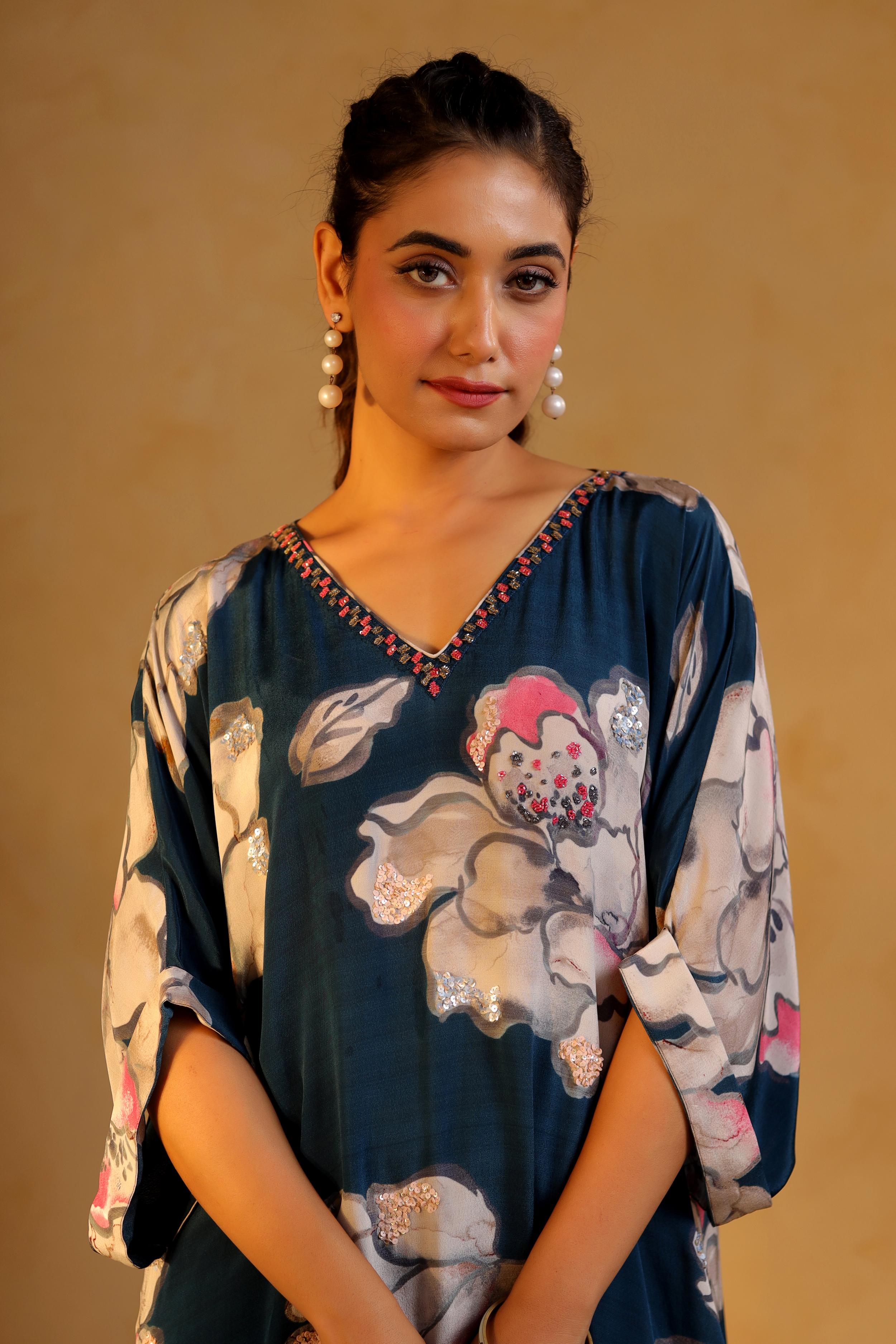 Deep Teal Printed Viscose Crepe Kurta Set