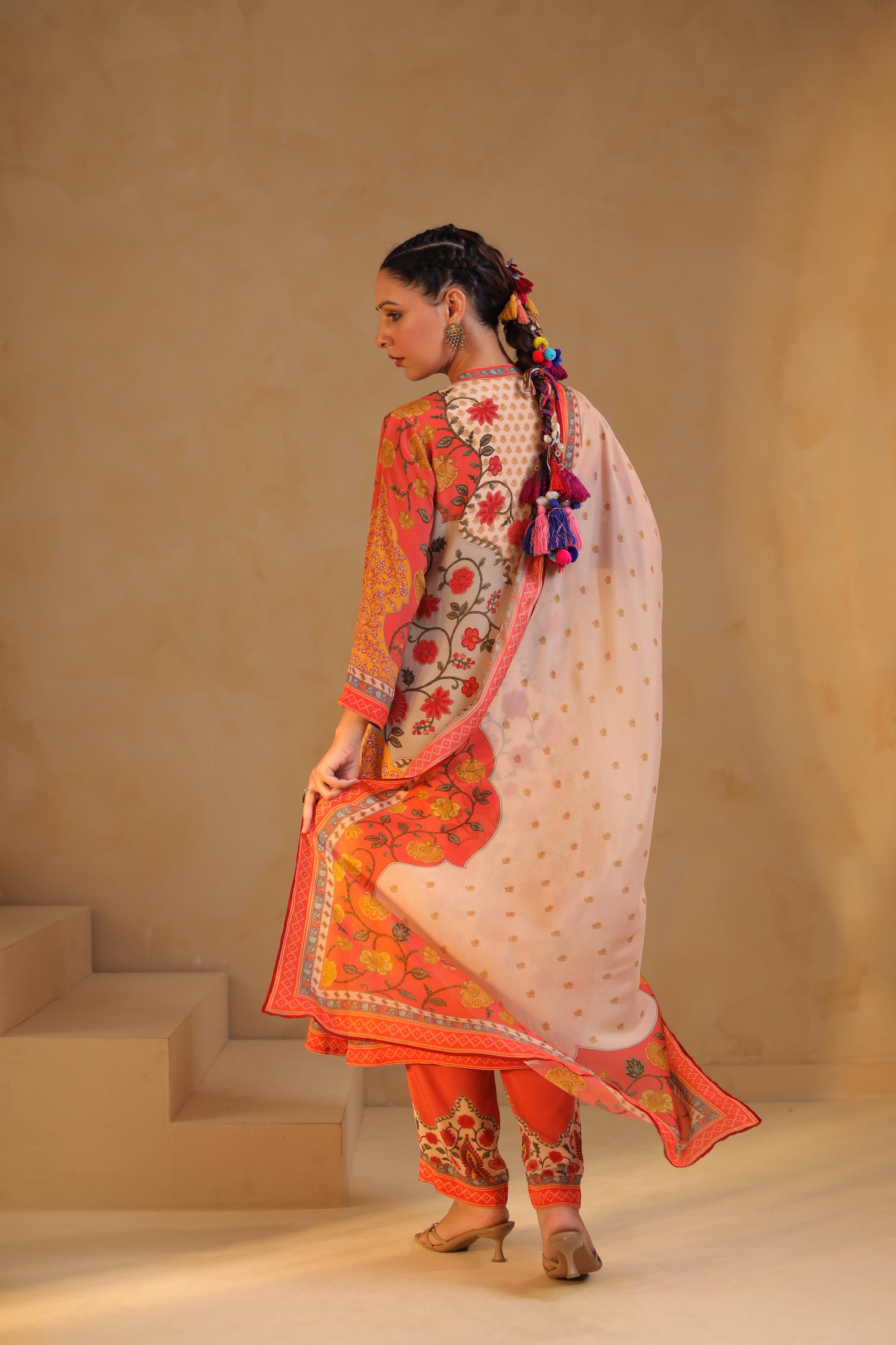 Ivory Printed Viscose Crepe Silk Pant Set