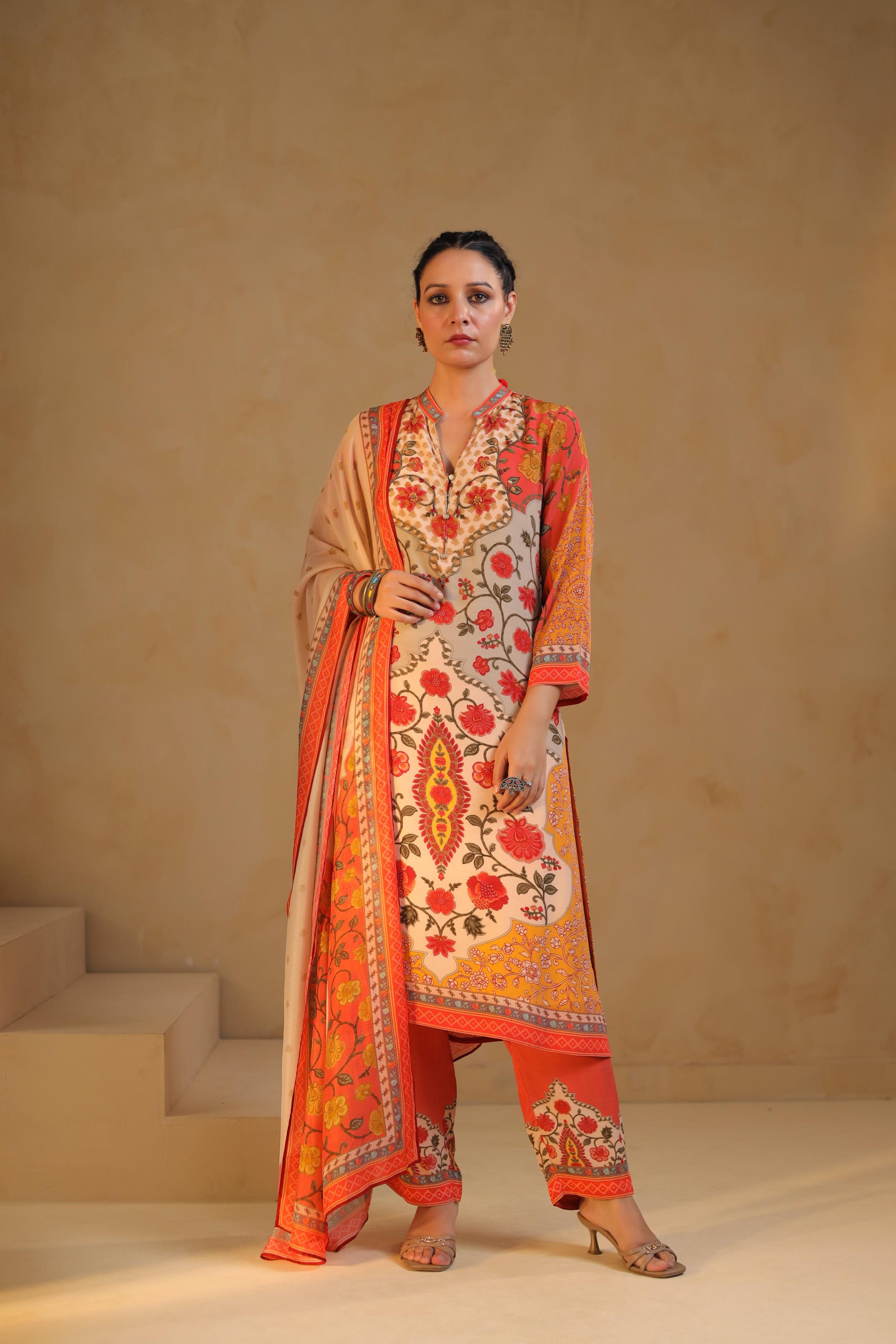 Ivory Printed Viscose Crepe Silk Pant Set