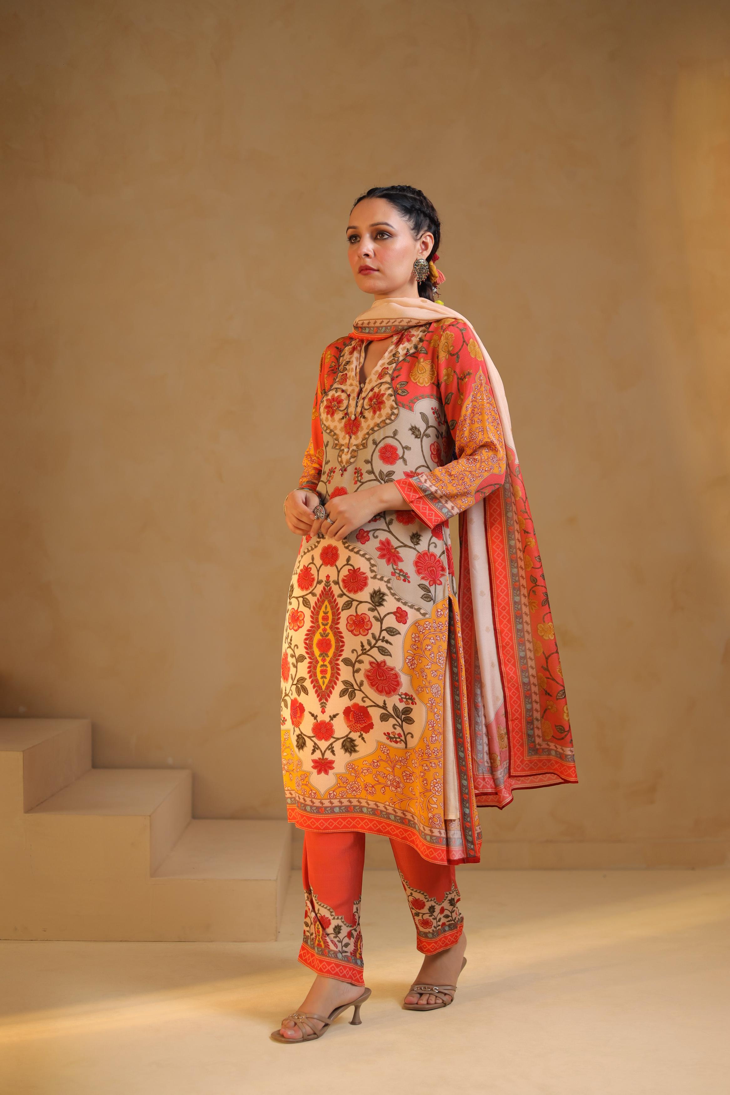 Ivory Printed Viscose Crepe Silk Pant Set