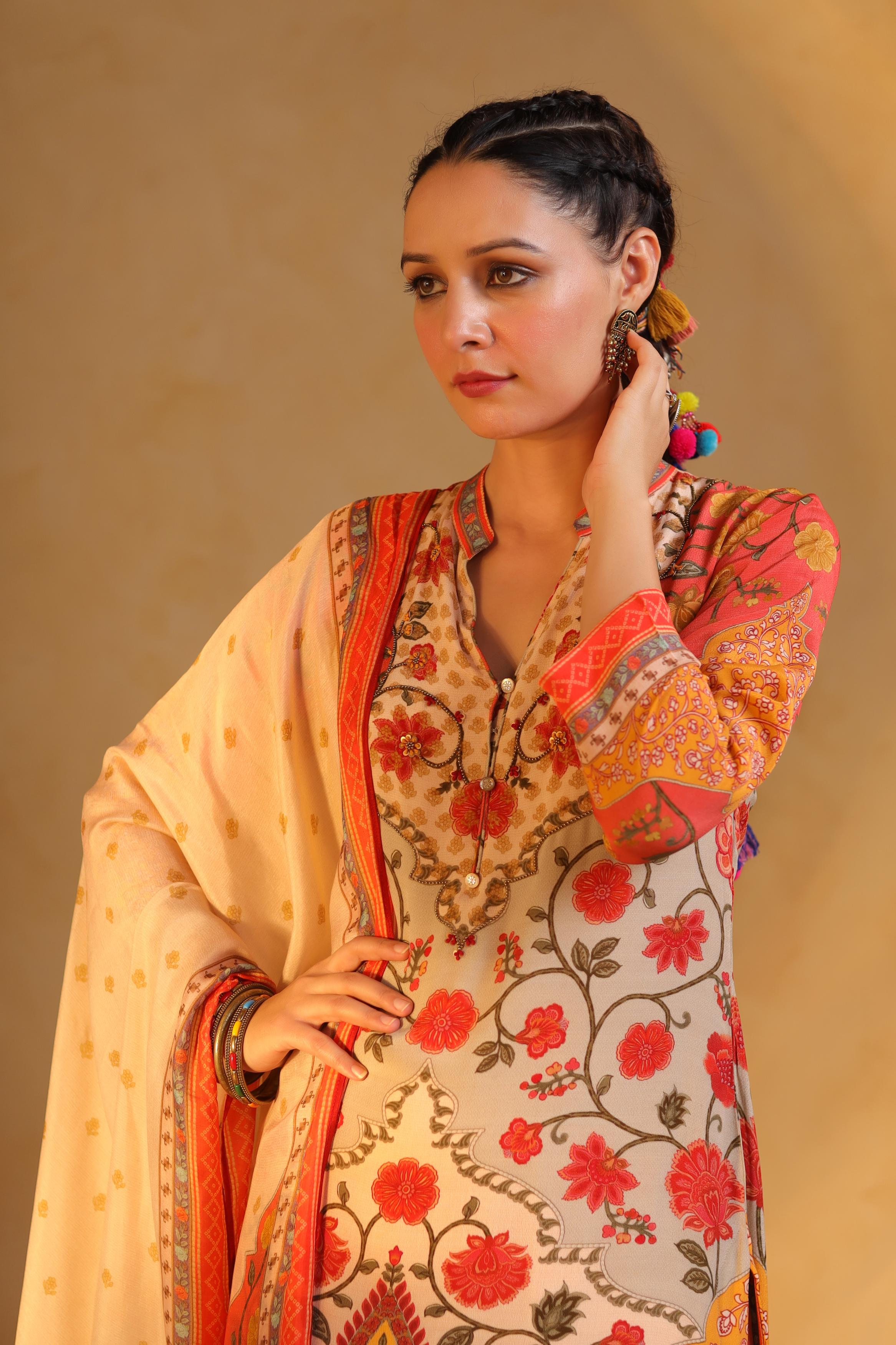 Ivory Printed Viscose Crepe Silk Pant Set