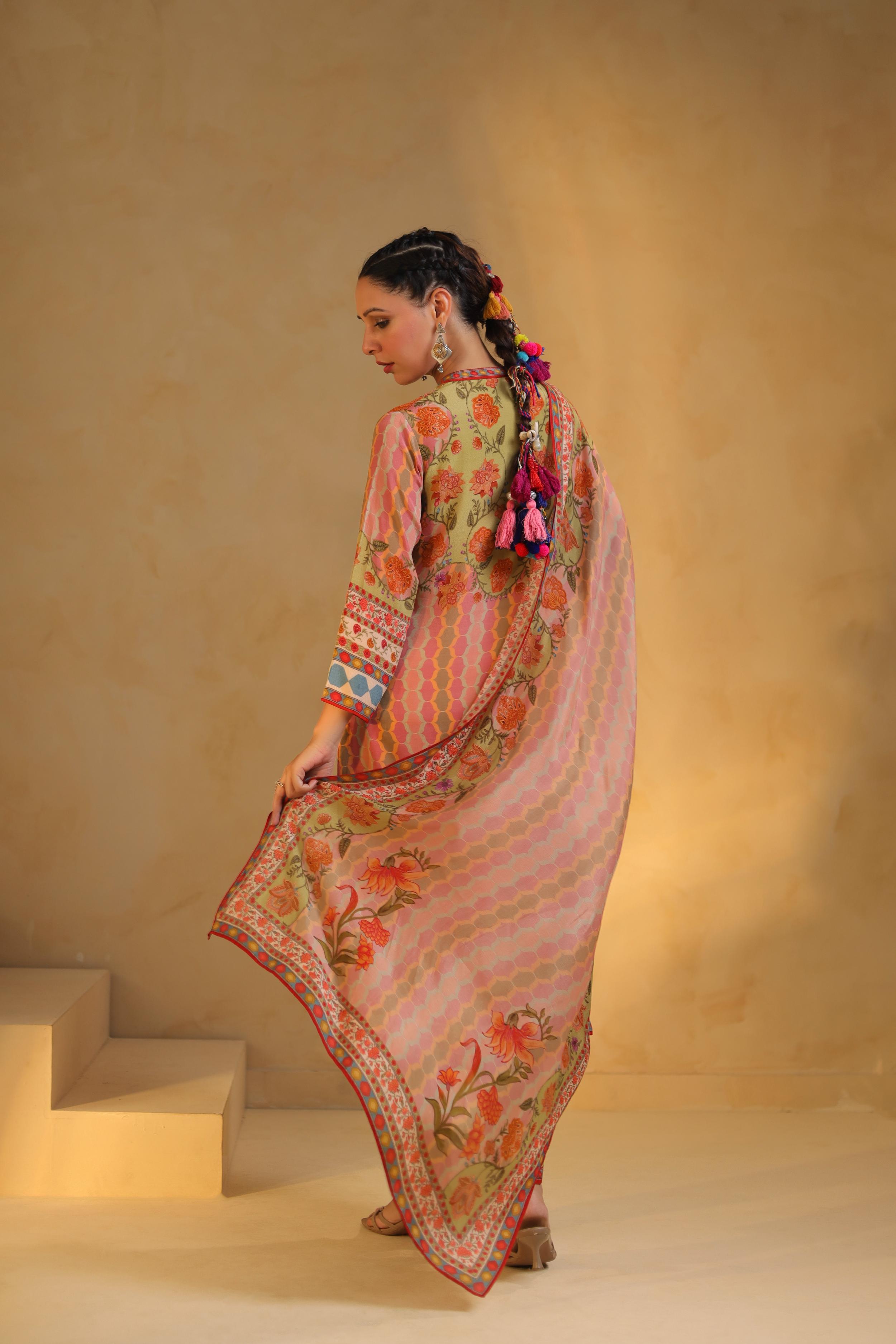 Soft Beige Printed Viscose Crepe Silk Pant Set