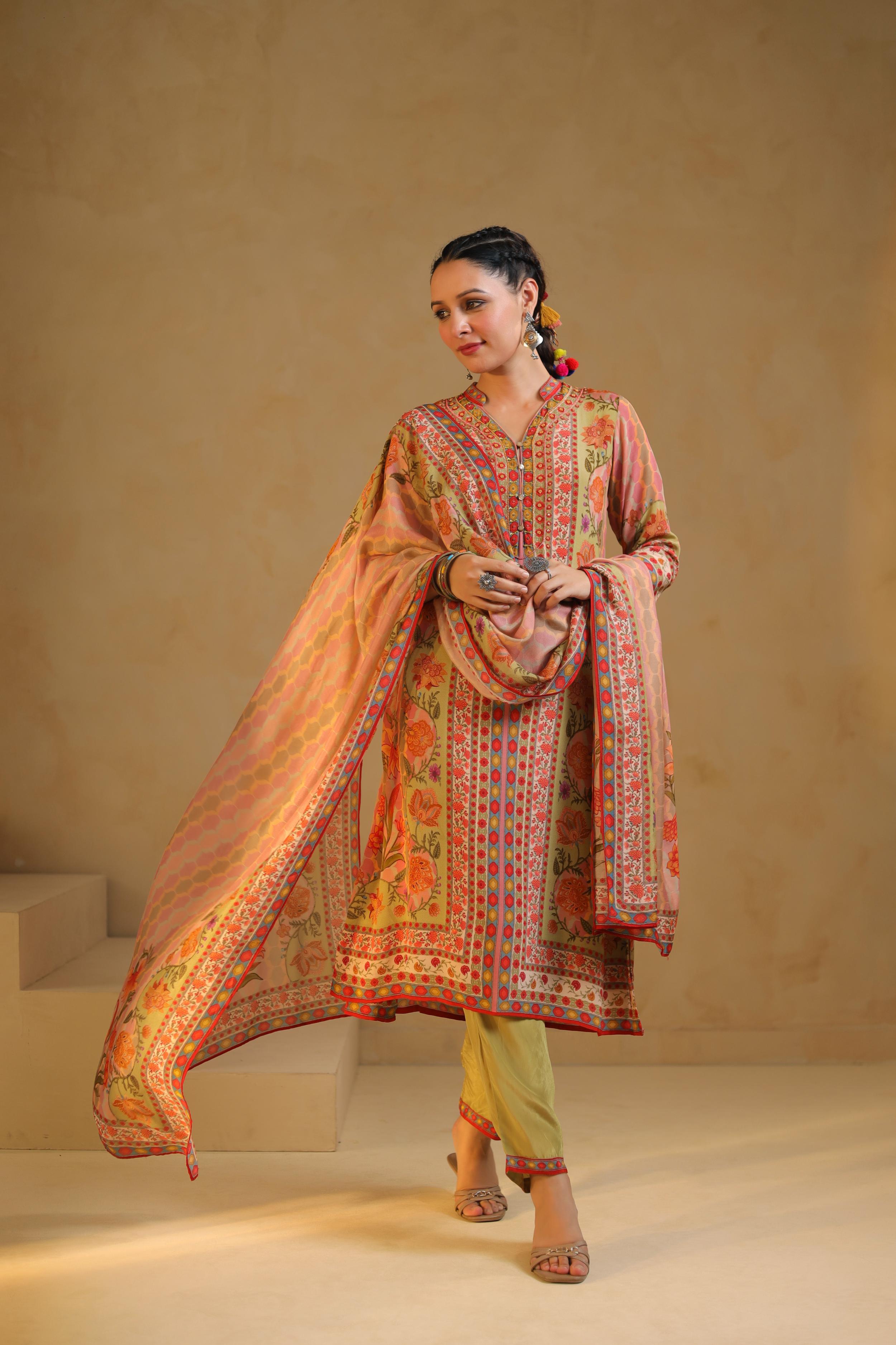 Soft Beige Printed Viscose Crepe Silk Pant Set