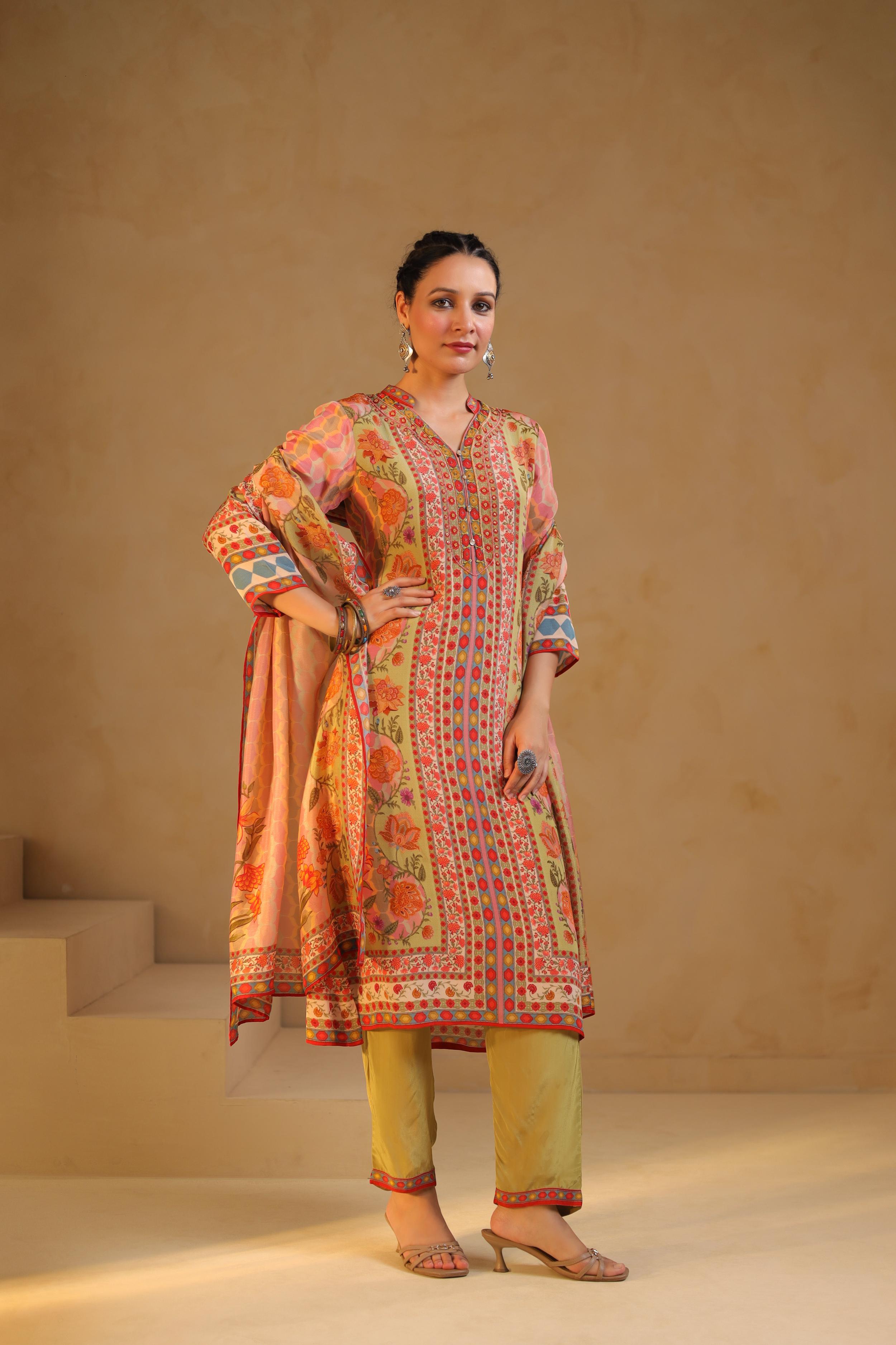 Soft Beige Printed Viscose Crepe Silk Pant Set