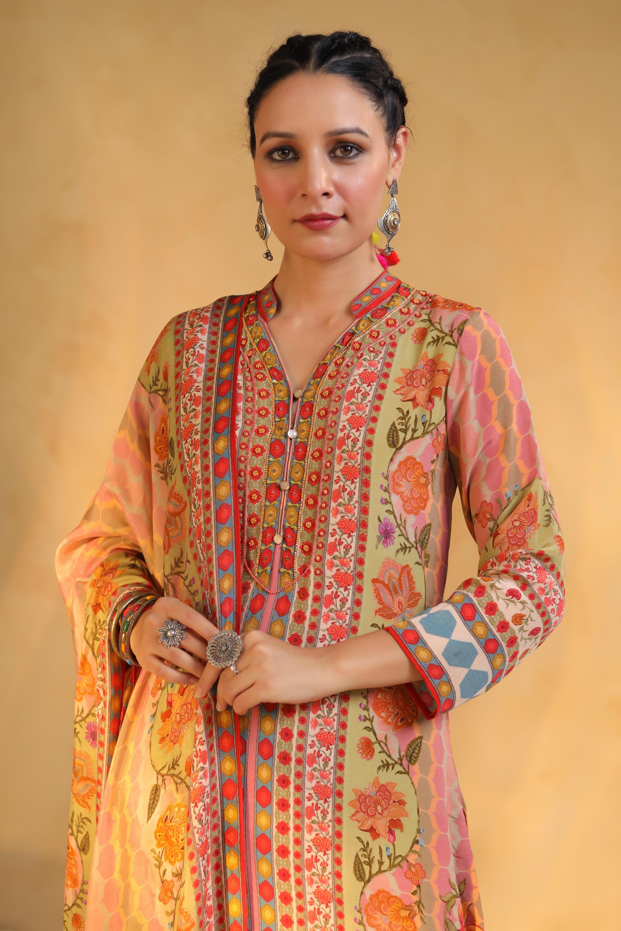 Soft Beige Printed Viscose Crepe Silk Pant Set
