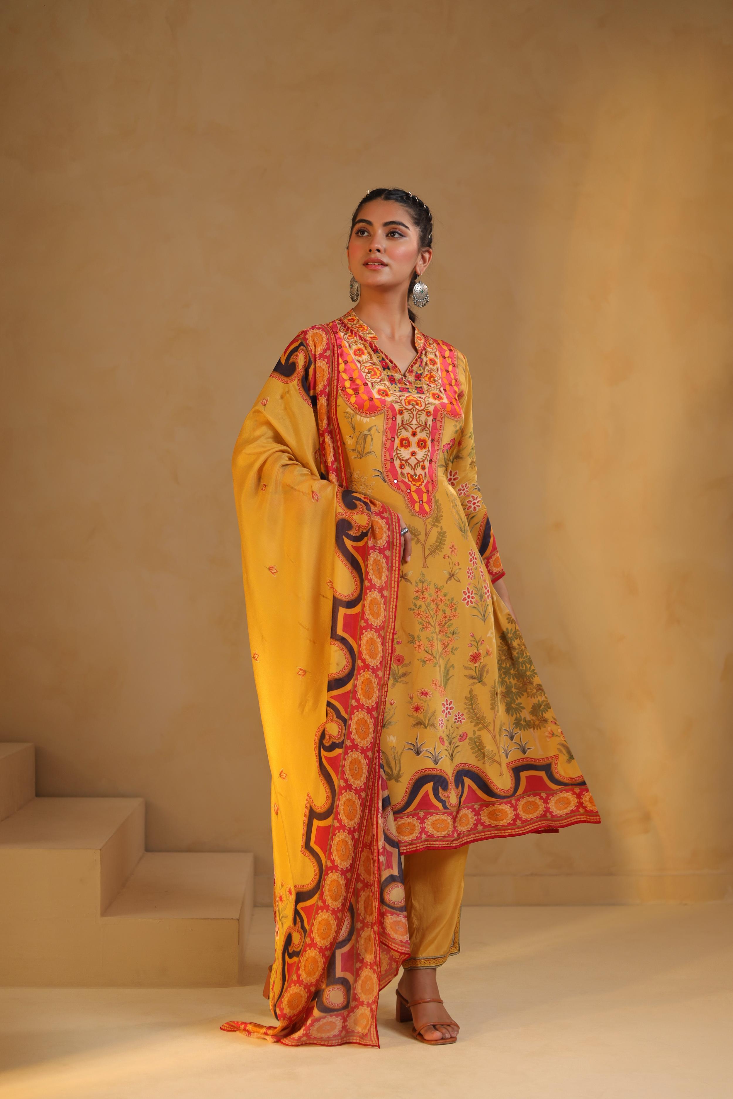Mustard Yellow Printed Viscose Crepe Pant Set
