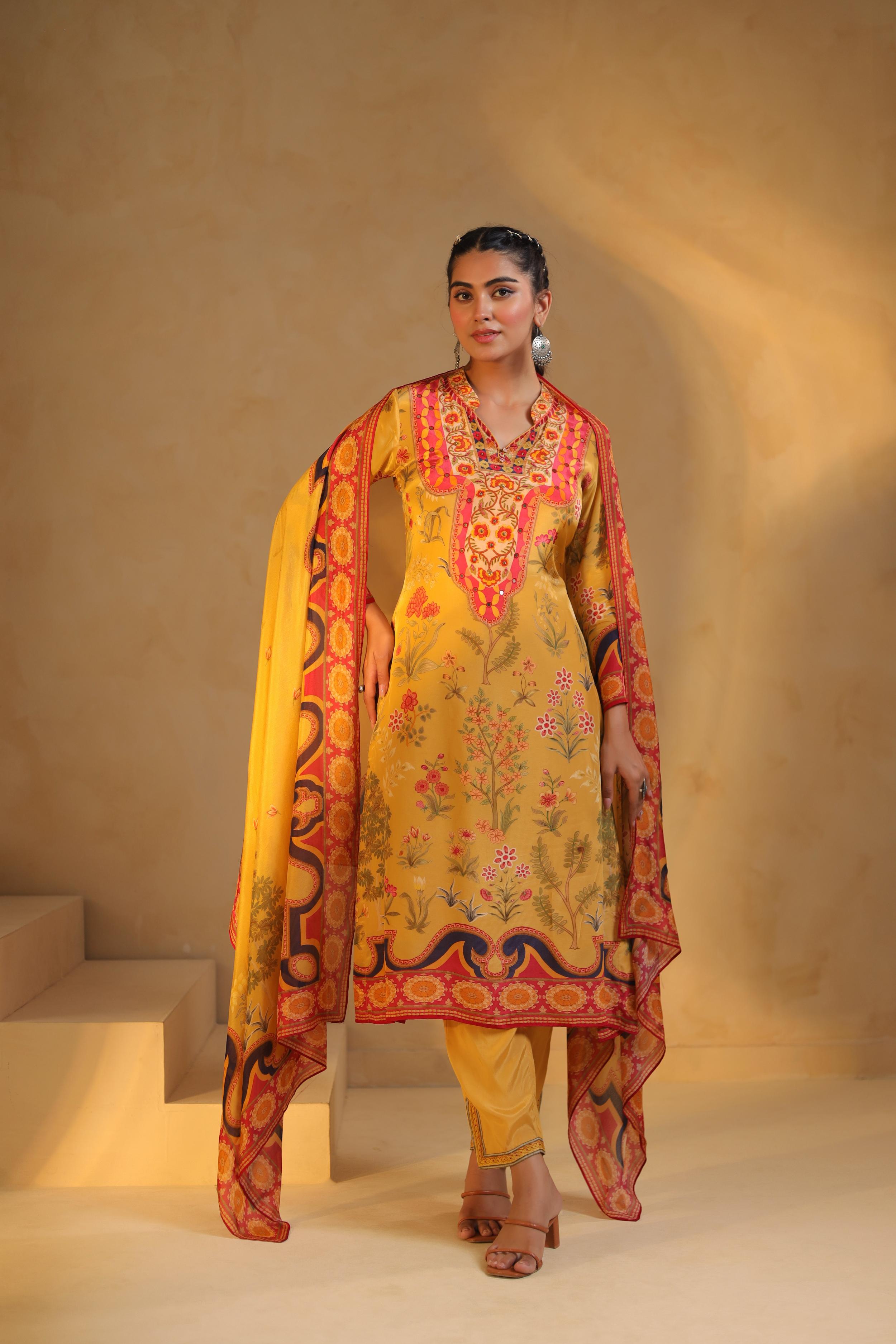 Mustard Yellow Printed Viscose Crepe Pant Set