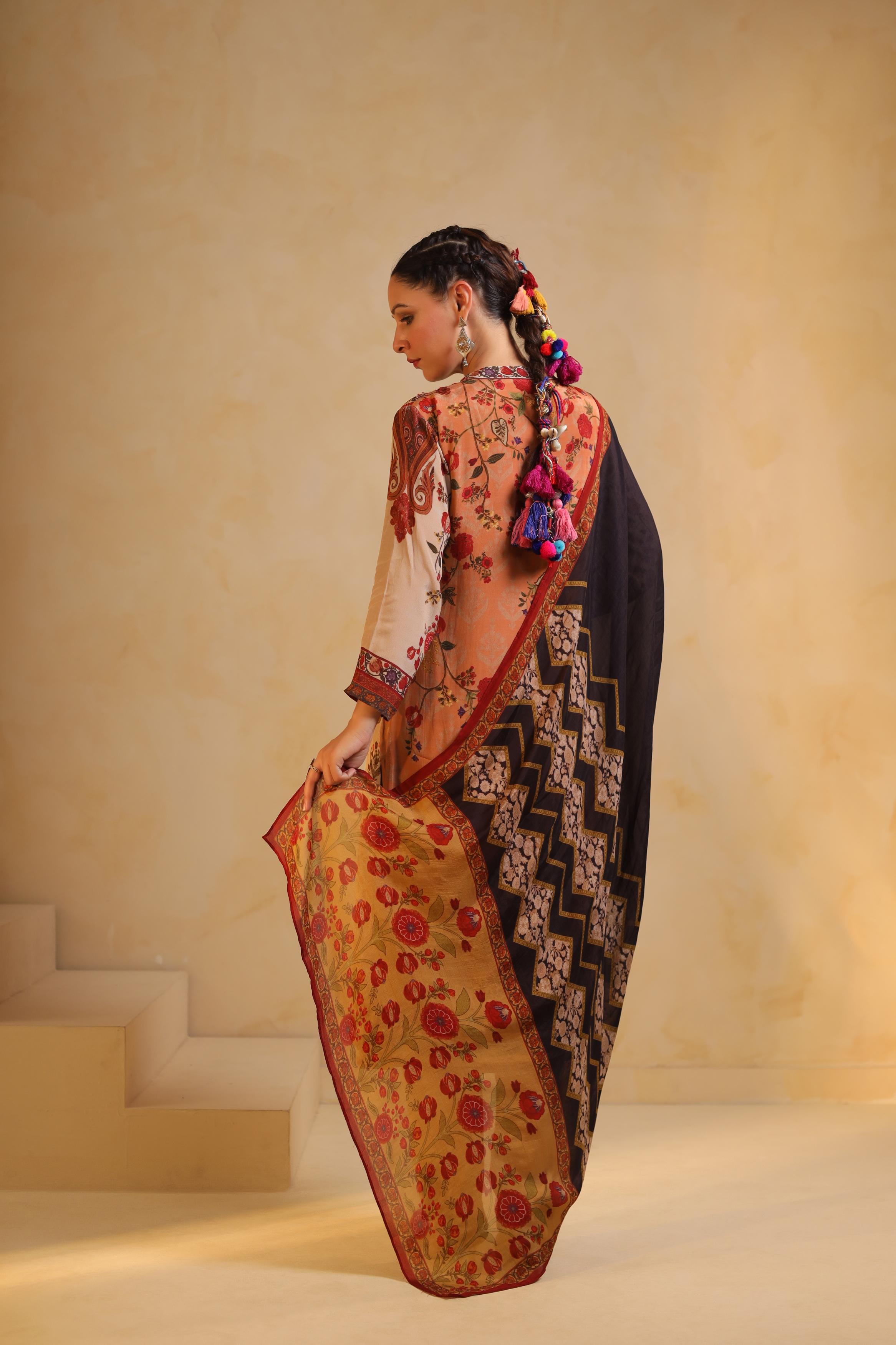 Beige Printed Viscose Crepe Silk Pant Set