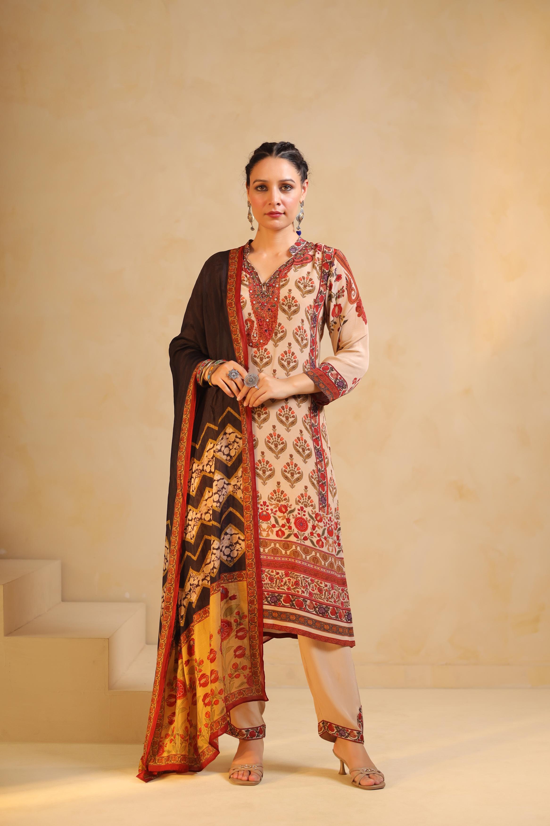 Beige Printed Viscose Crepe Silk Pant Set