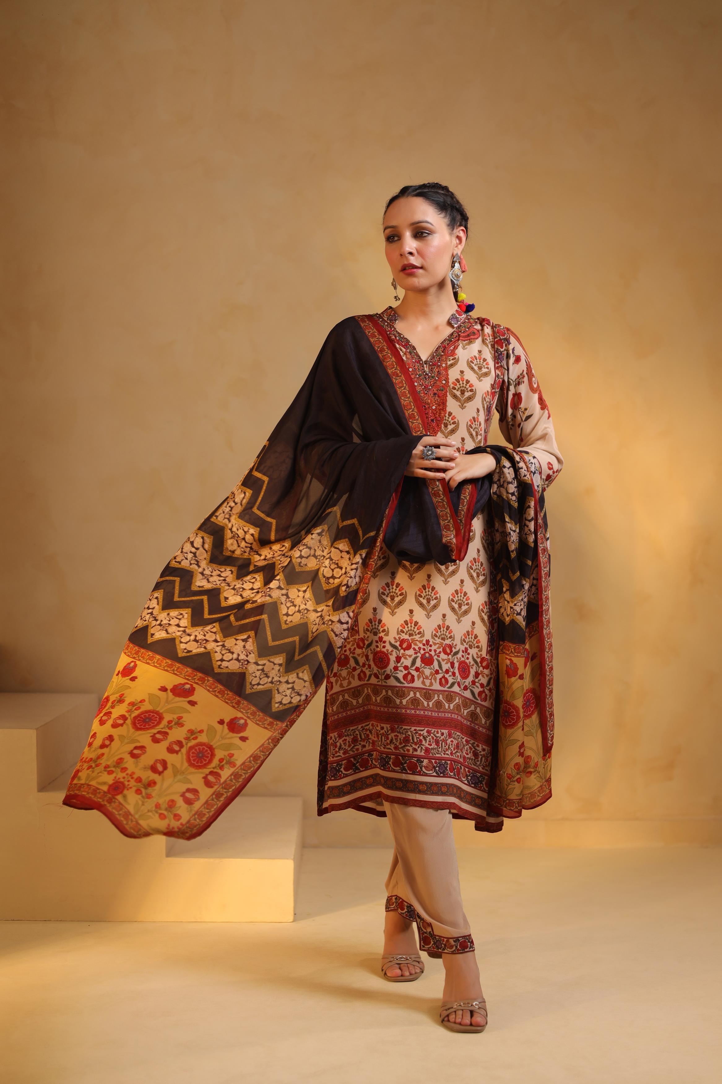 Beige Printed Viscose Crepe Silk Pant Set