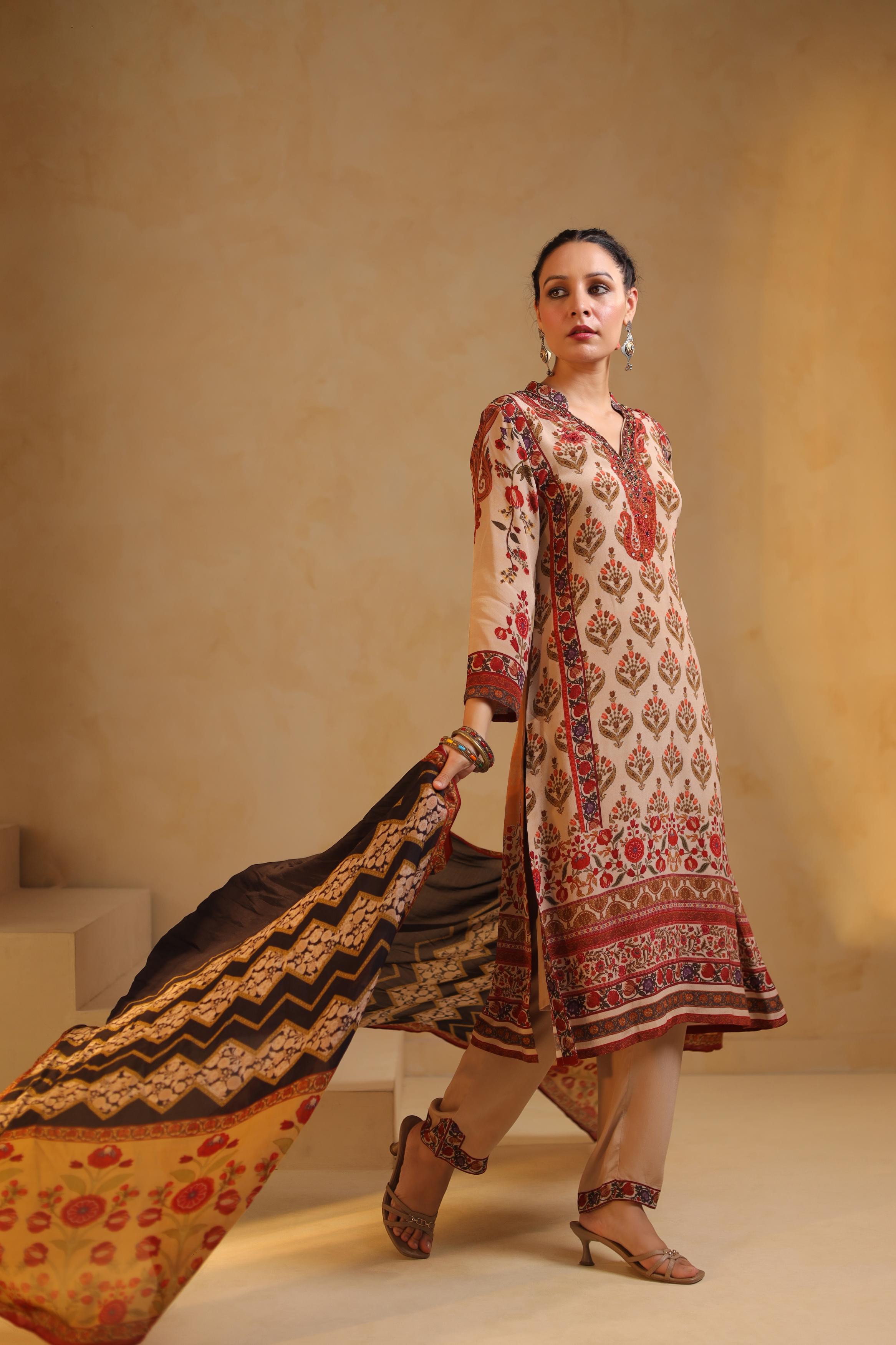 Beige Printed Viscose Crepe Silk Pant Set