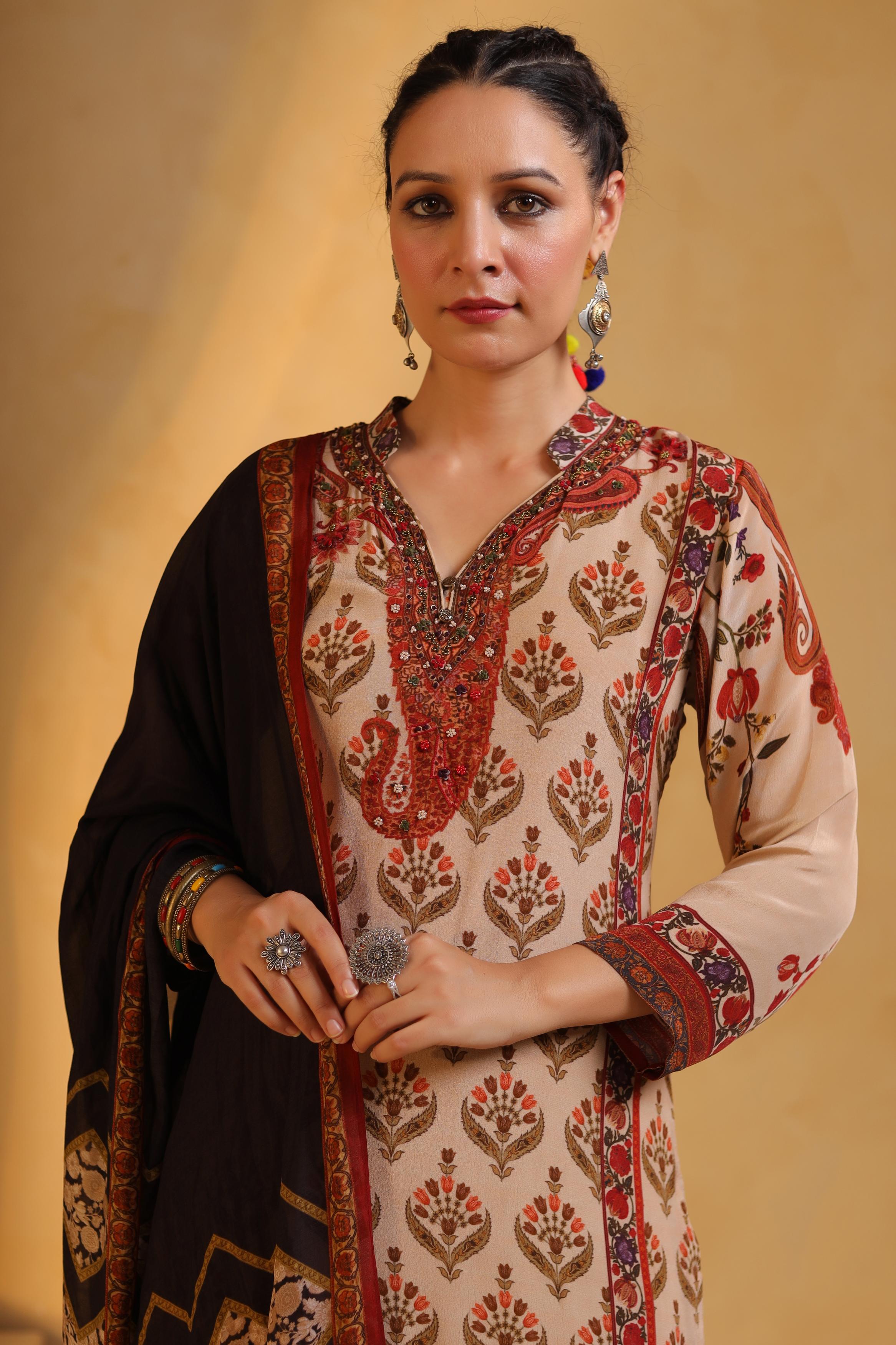 Beige Printed Viscose Crepe Silk Pant Set
