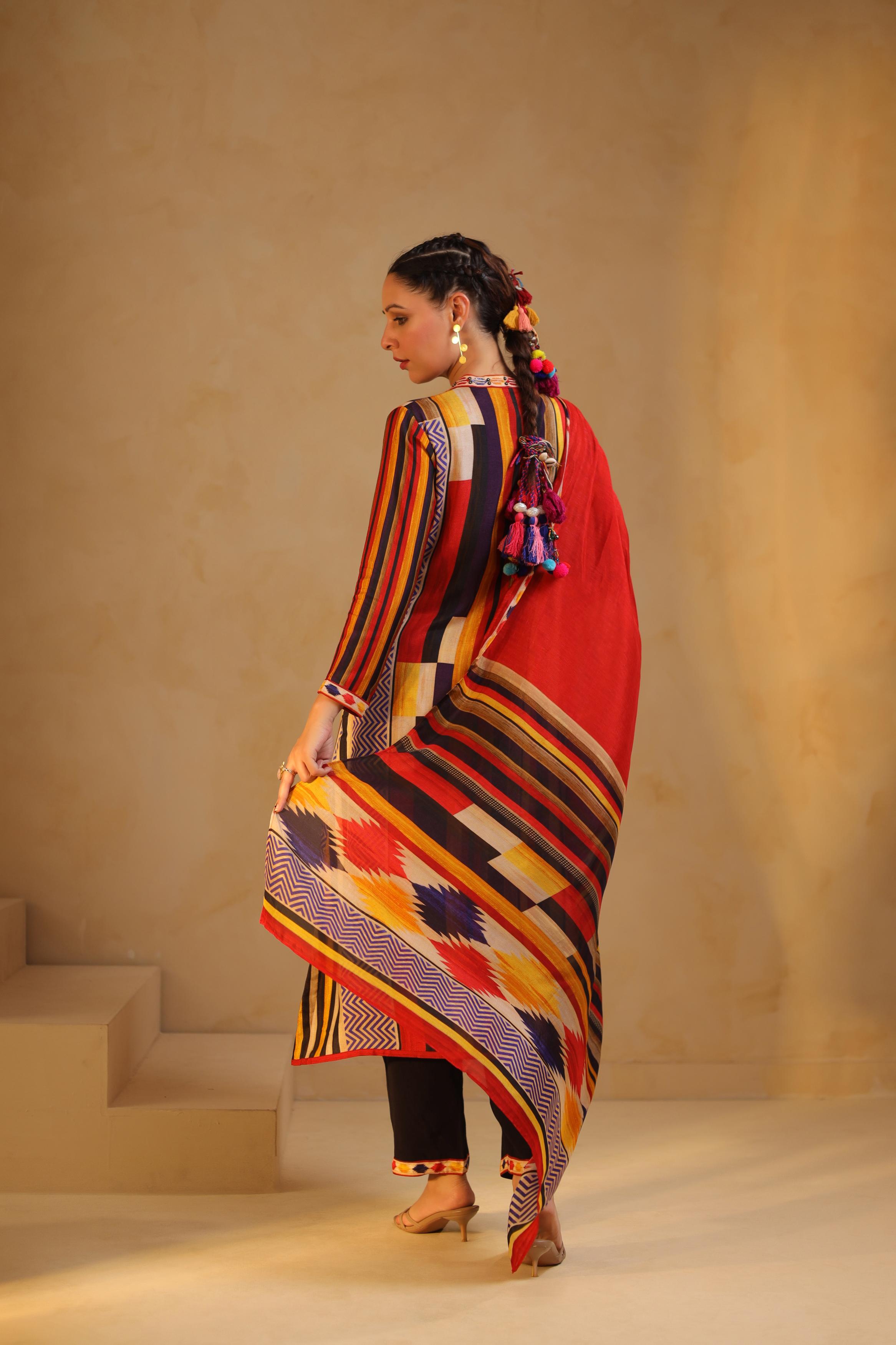 Multicolor Printed Dola Silk Pant Set