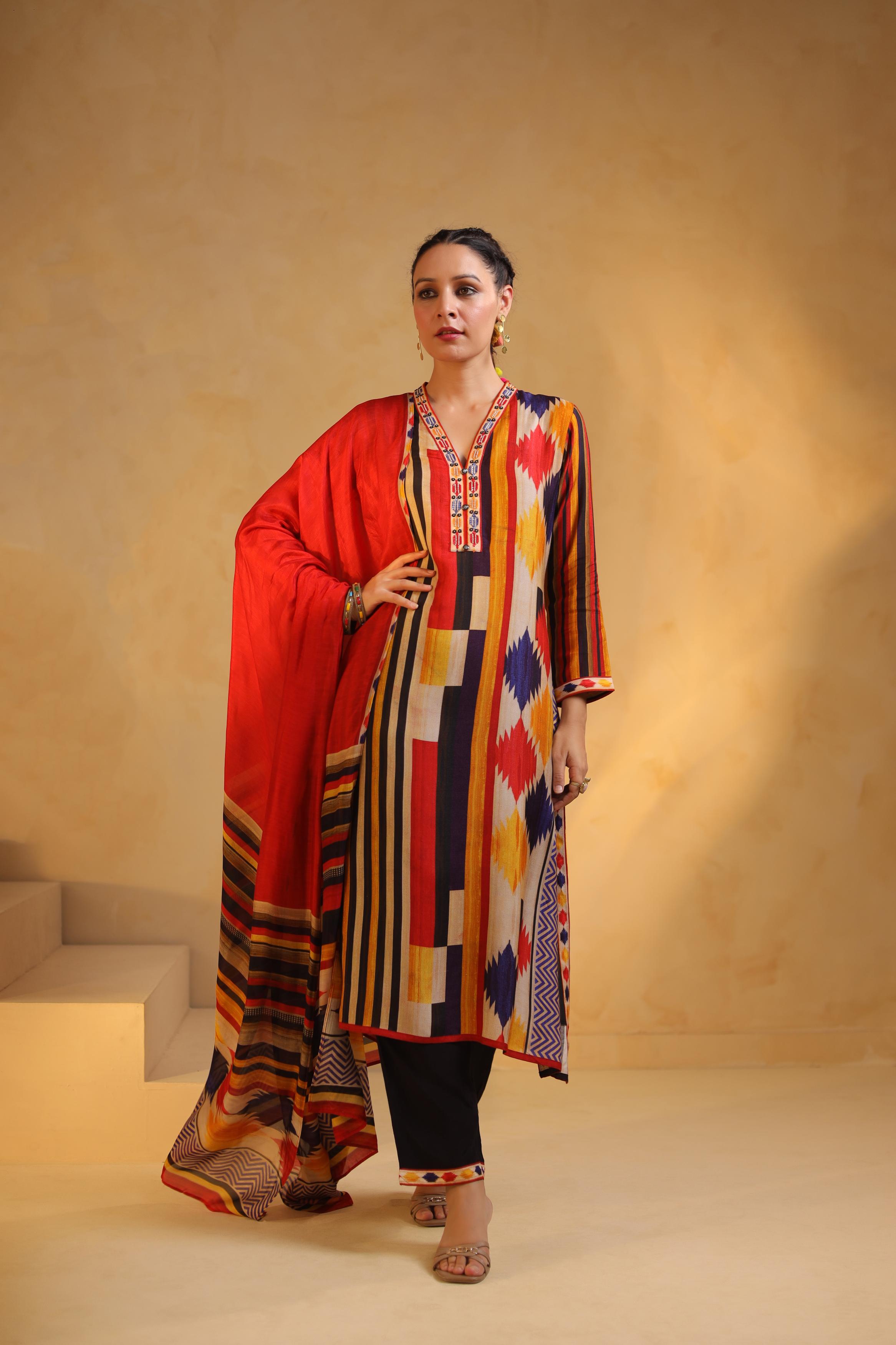 Multicolor Printed Dola Silk Pant Set