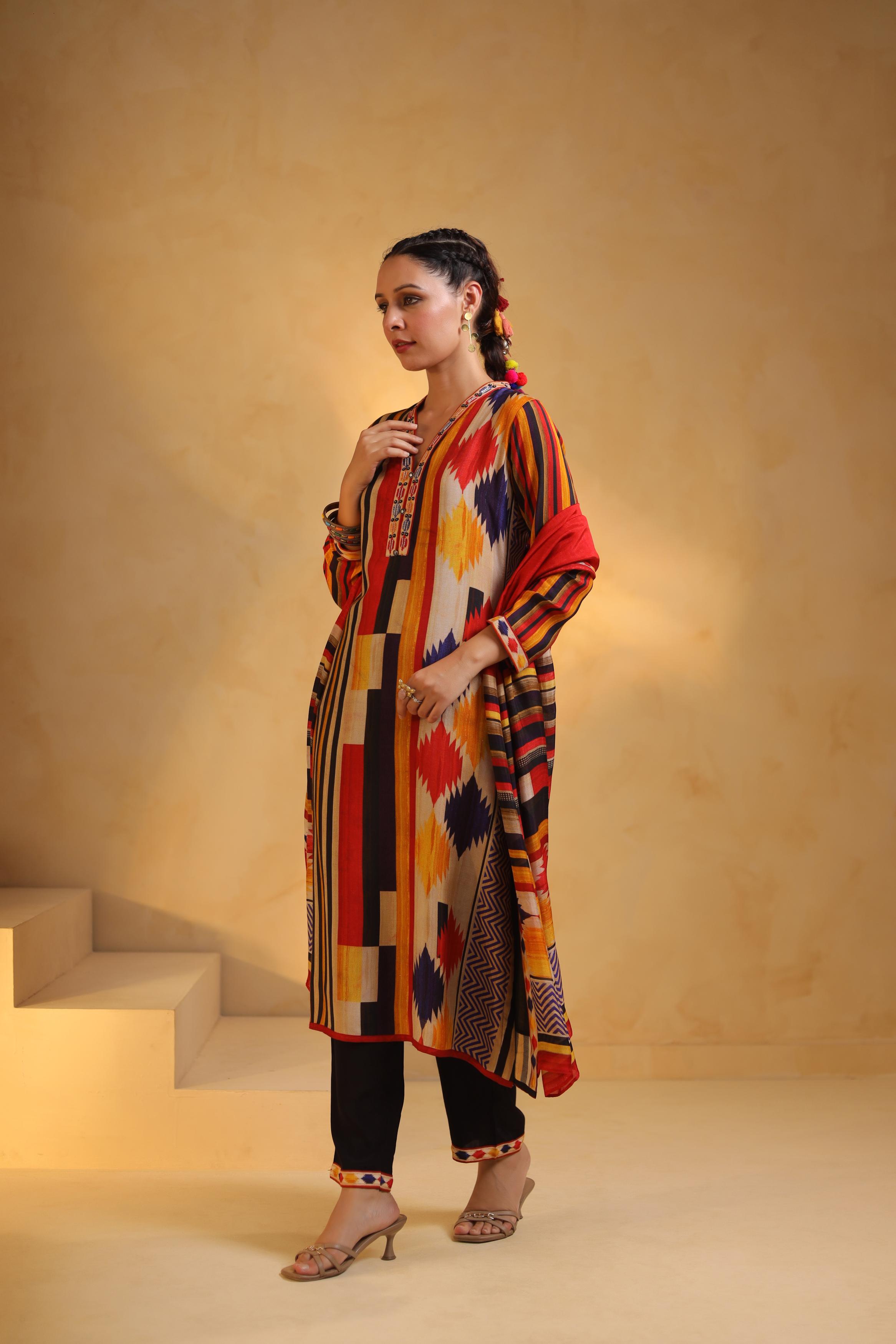 Multicolor Printed Dola Silk Pant Set