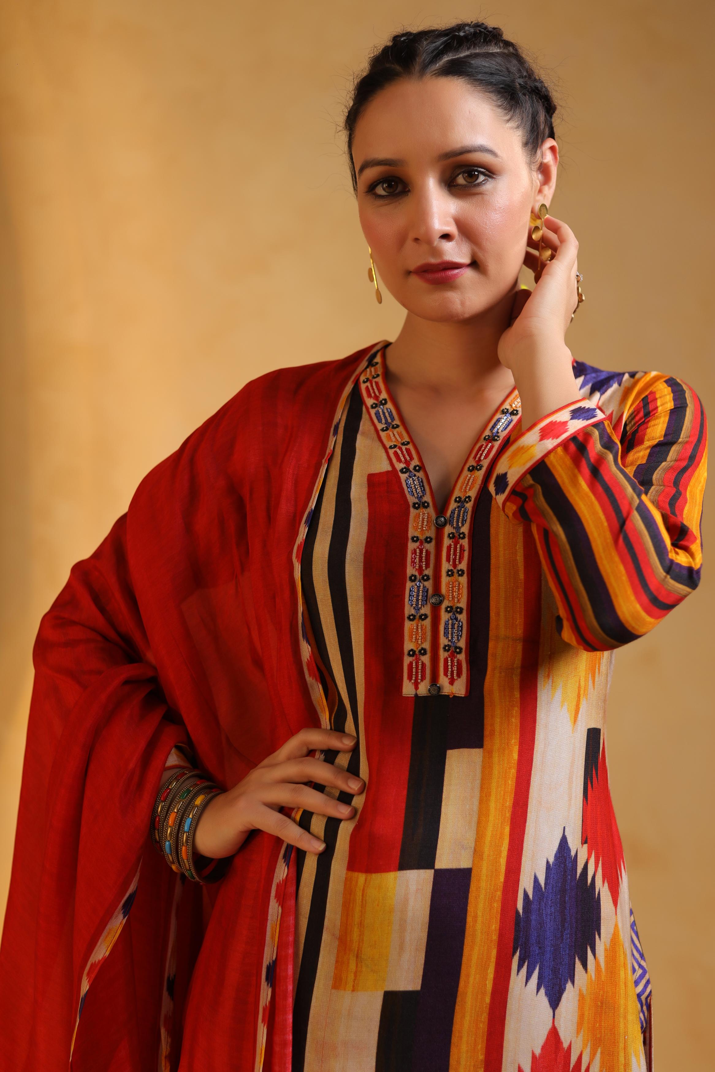 Multicolor Printed Dola Silk Pant Set