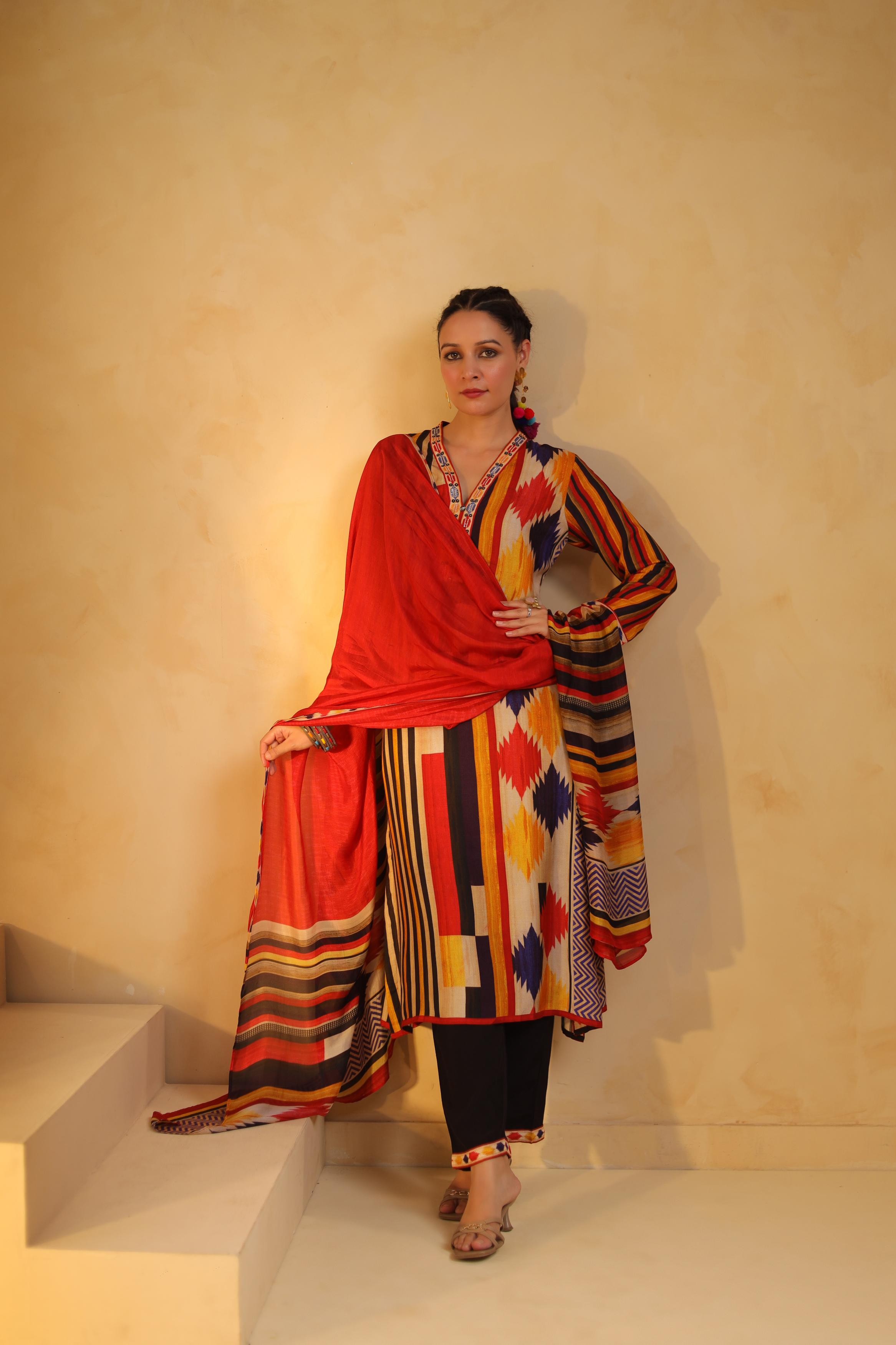 Multicolor Printed Dola Silk Pant Set