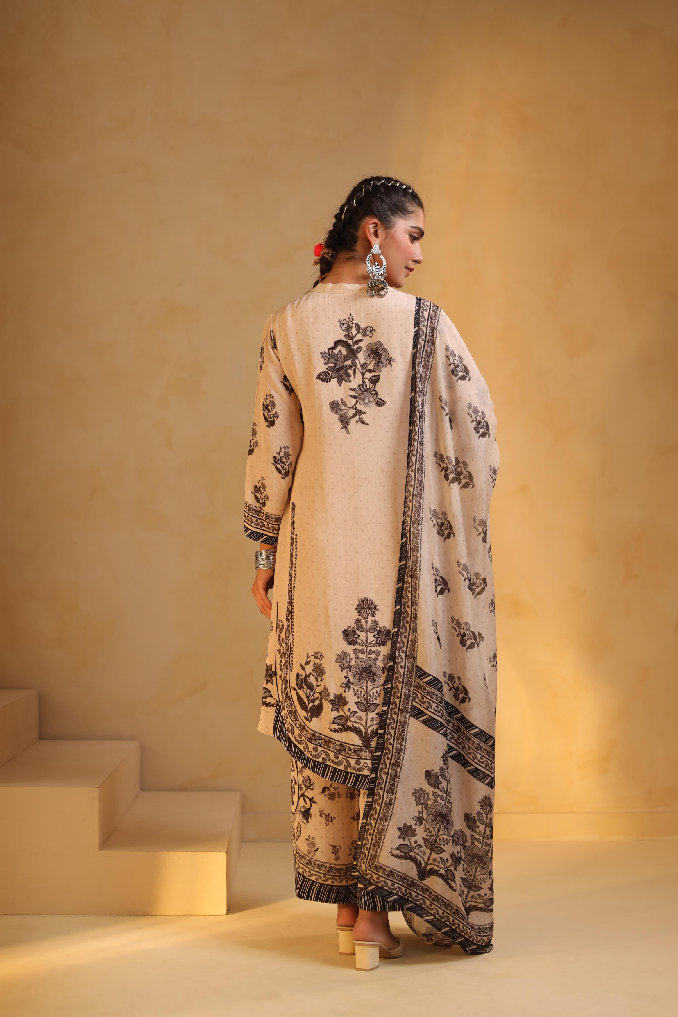Beige Printed Viscose Crepe Silk Pant Set