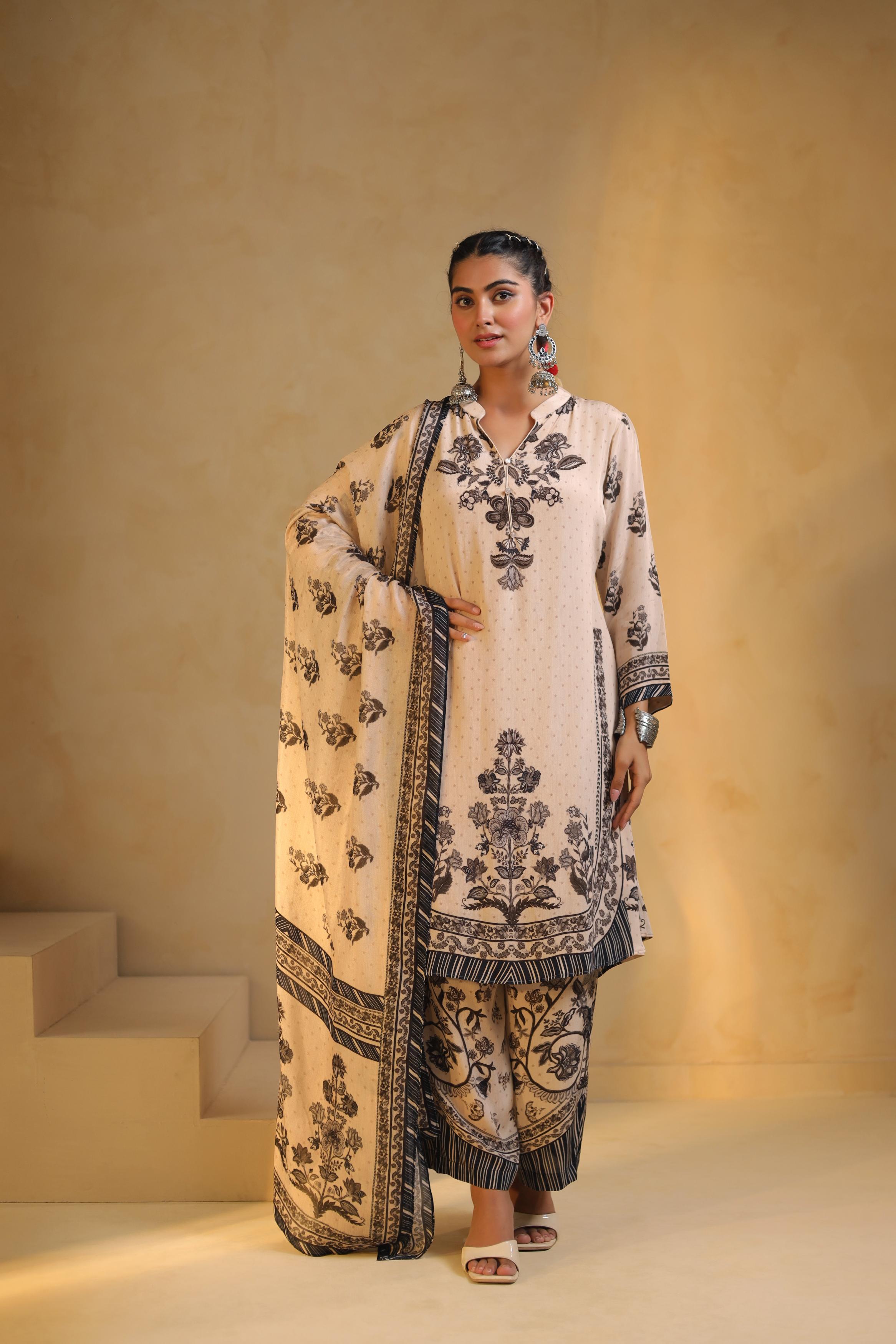 Beige Printed Viscose Crepe Silk Pant Set