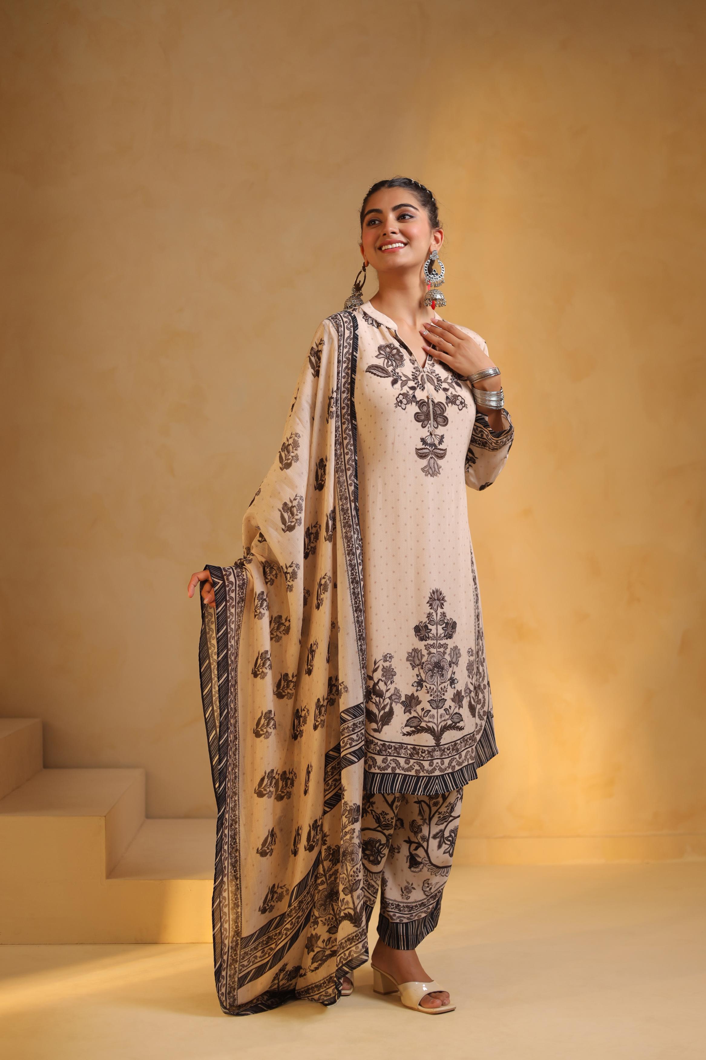 Beige Printed Viscose Crepe Silk Pant Set
